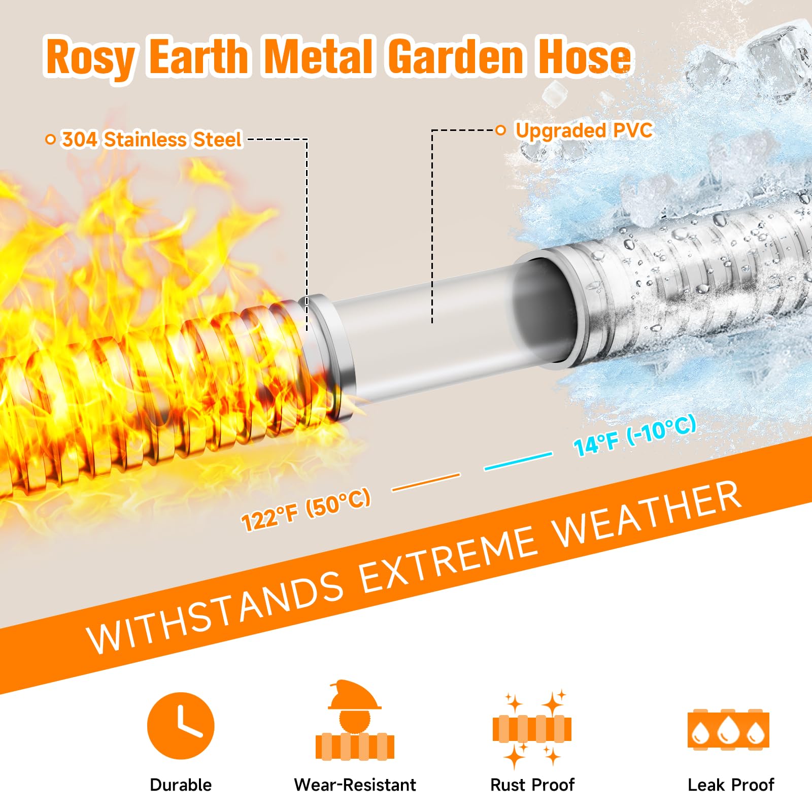 100 FT Expandable Garden Hose - Heavy Duty 304 Stainless Steel Water Hose, Kink-Free & Flexible - Perfect for Lawn Care, Car Washing & Outdoor Watering