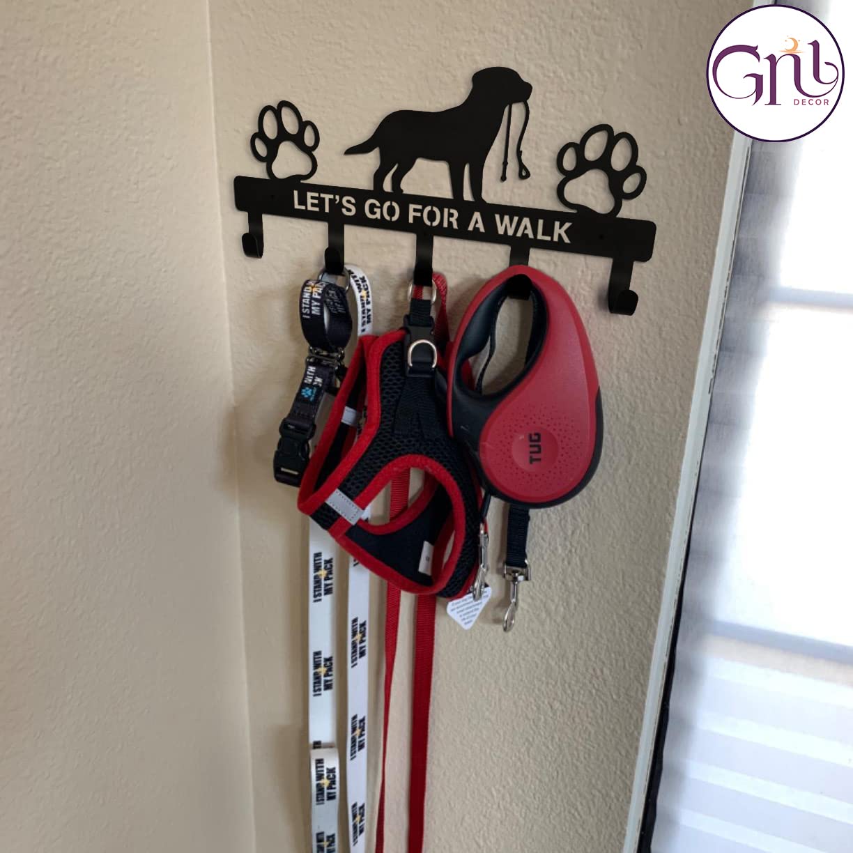 GNL Wall Mounted Dog Leash Holder & Key Rack - Durable Leash Hooks for Dog Walking Accessories - Decorative Gift for Dog Lovers & Pet Owners - Perfect for Entryway, Mudroom or Garage Organization