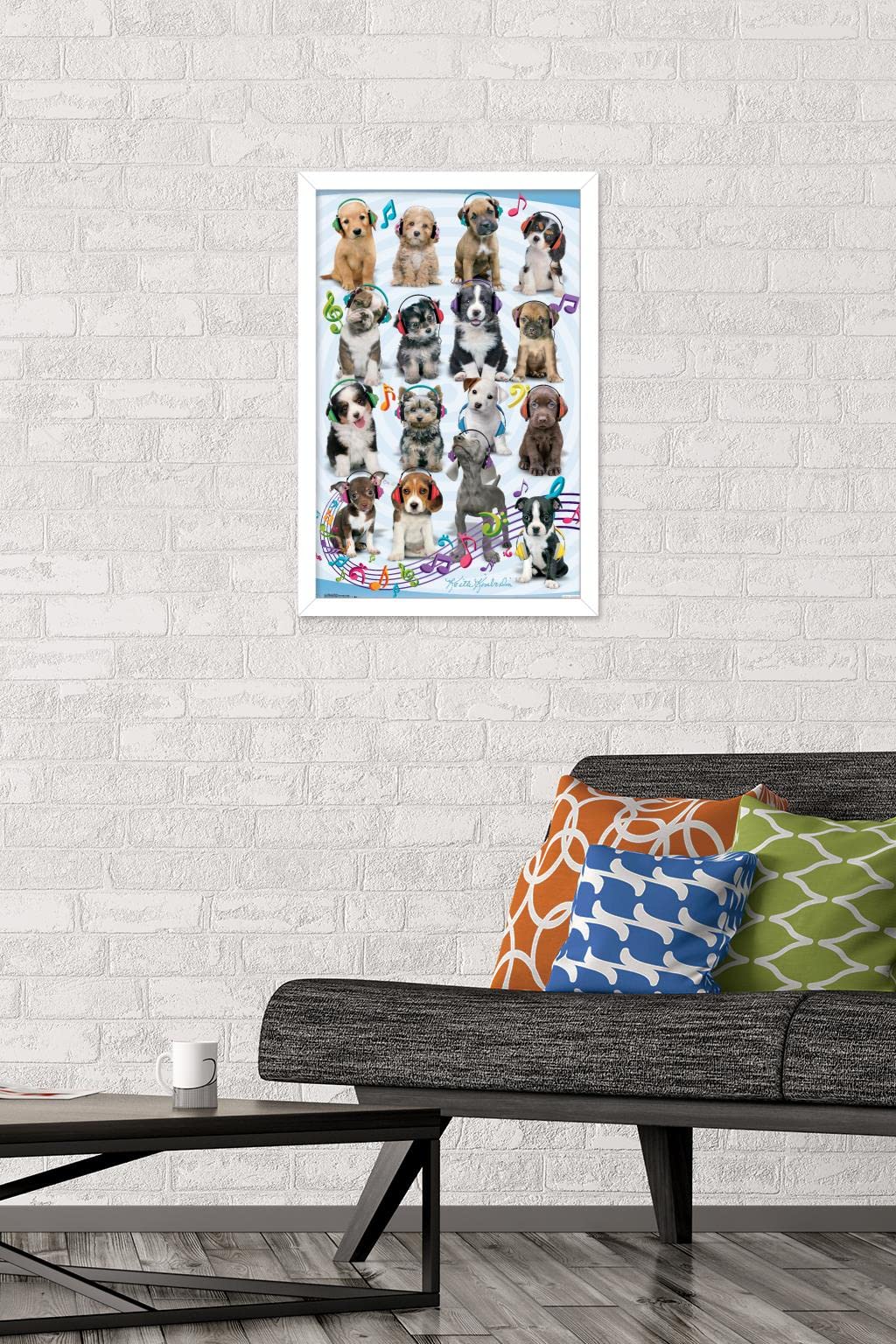 Trends International Keith Kimberlin Puppies Headphones Wall Poster - 14.725 x 22.375 Inches, White Framed Art Print - Perfect for Bedroom, Living Room & Office Decor