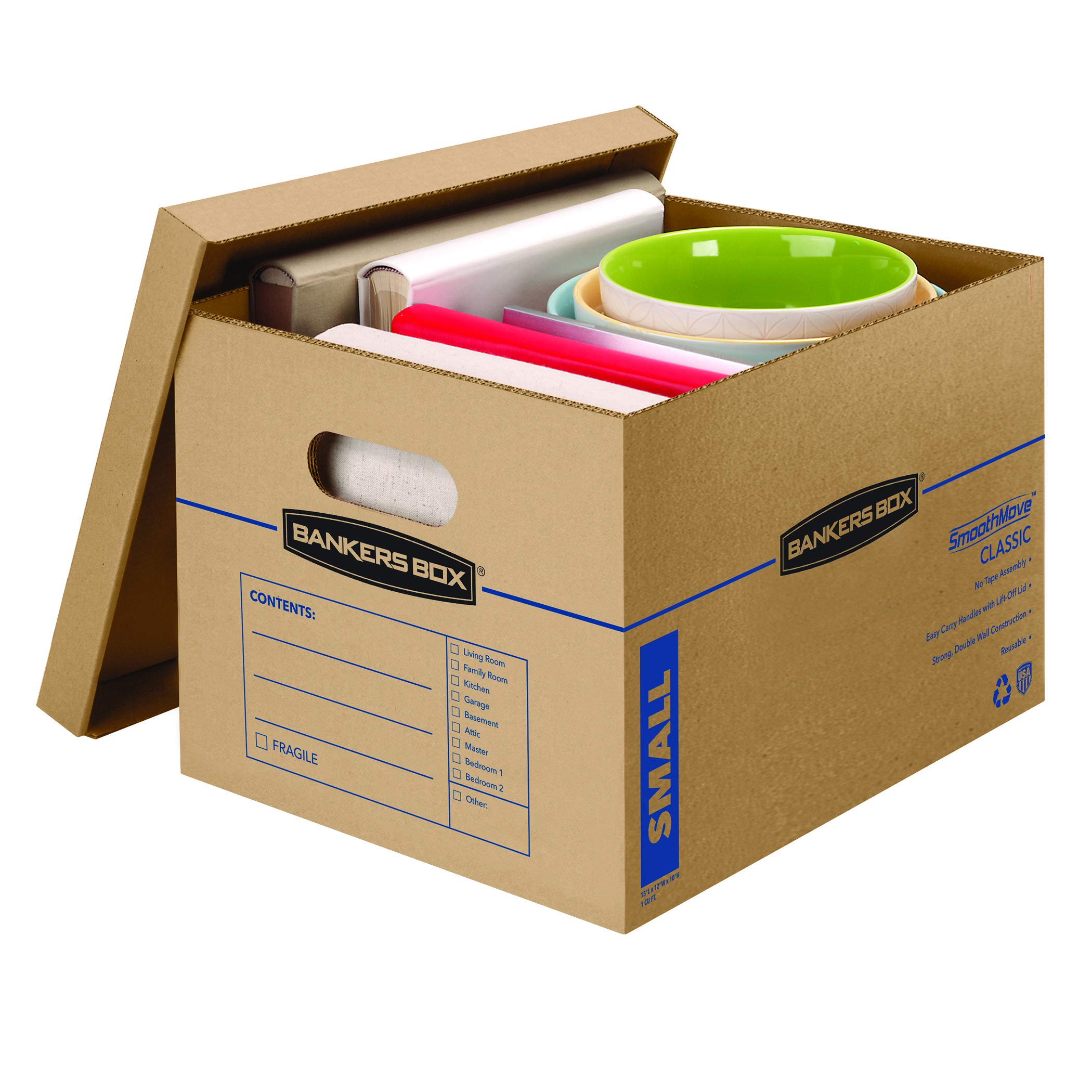 Bankers Box Small Classic Moving Box 5 Pack - Reinforced Handles, Tape-Free Assembly, 15x12x10 Inches with Lid - Perfect for Home, Office & Storage Organization (7714902)