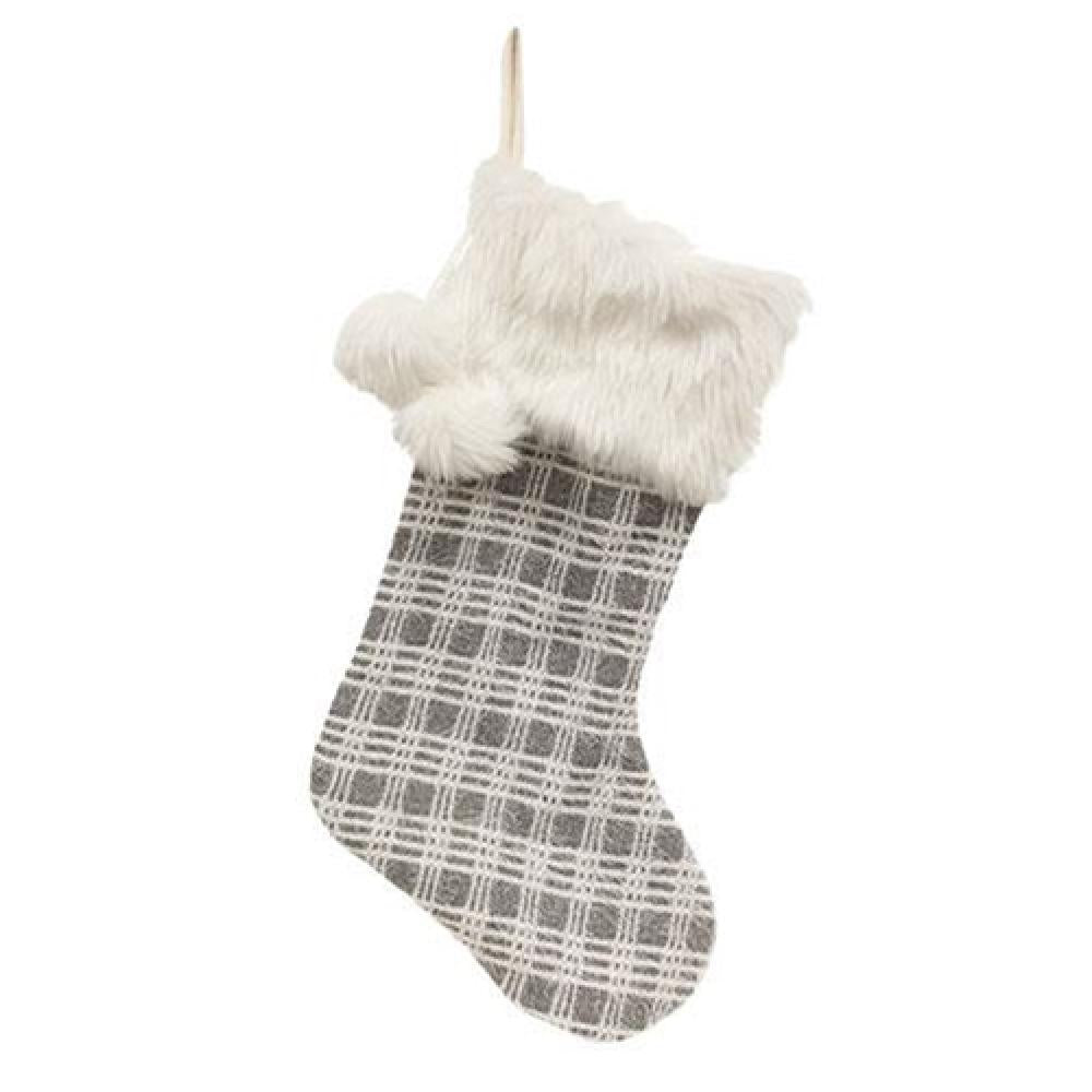 Gray & White Plaid Christmas Stocking - Festive Holiday Decor for Fireplace Mantel, Tree, and Home Decorations