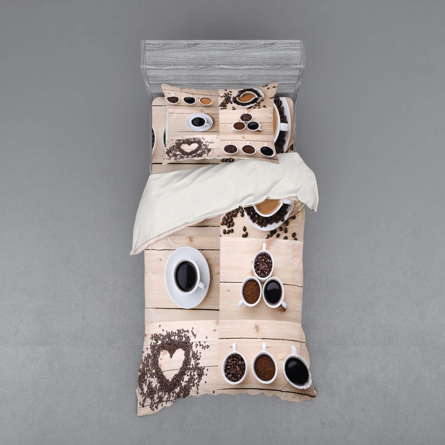 Ambesonne Coffee Lover Bedding Set - 3 Piece Duvet Cover with Sham & Fitted Sheet, Twin Size, Black Brown Tan - Wooden Table Coffee Mug & Beans Design - Perfect for Coffee Enthusiasts' Bedroom Decor