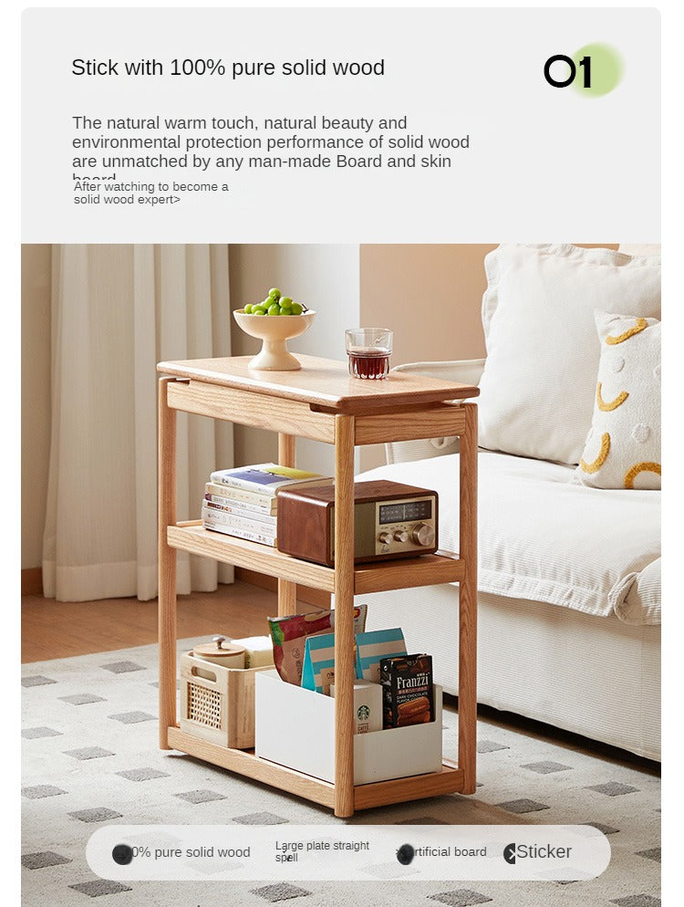 Solid Oak and Ash Wood Mobile Side Table - Portable End Table for Living Room, Bedroom, or Outdoor Use