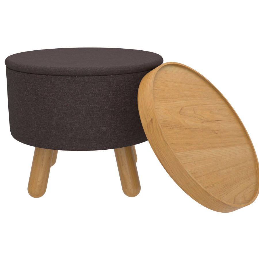 Betsy Round Storage Ottoman with Tray - Charcoal & Natural Fabric - Versatile Footrest, Coffee Table & Hidden Storage for Living Room, Bedroom & Nursery