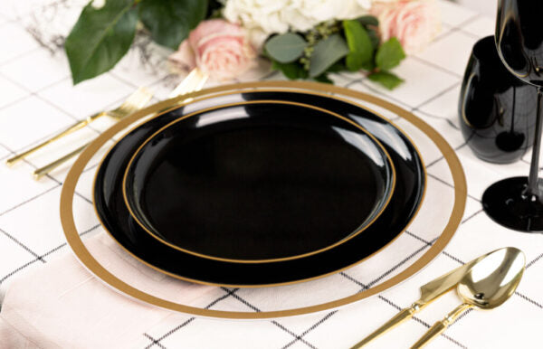 Premium Black & Gold Rim Round Plastic Dinner Plates - 10 Pack Set for Elegant Dining, Parties & Special Occasions