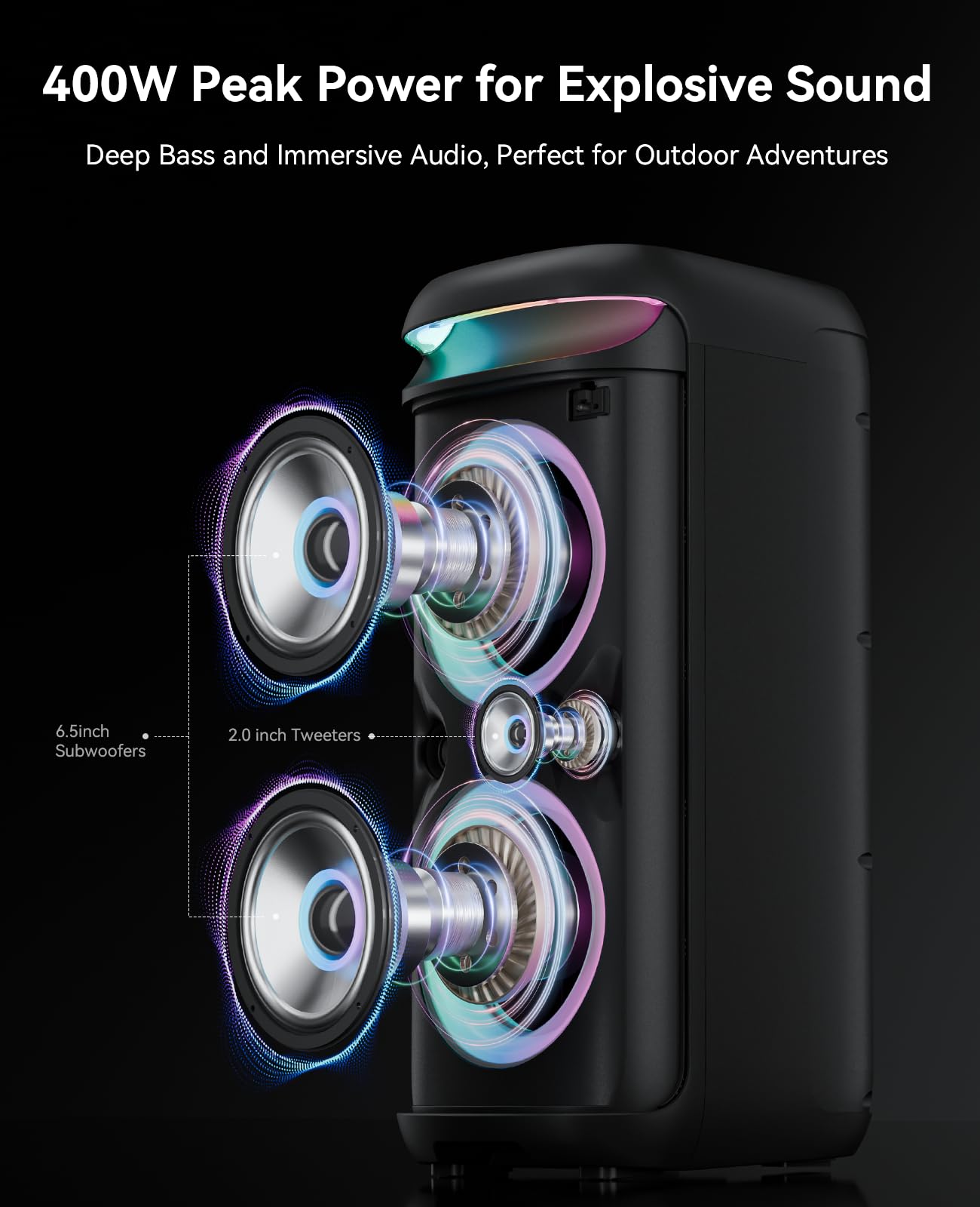 Portable Bluetooth Karaoke Machine with 2 Wireless Microphones - 400W Peak Power PA Speaker System with LED Disco Lights & 6.5