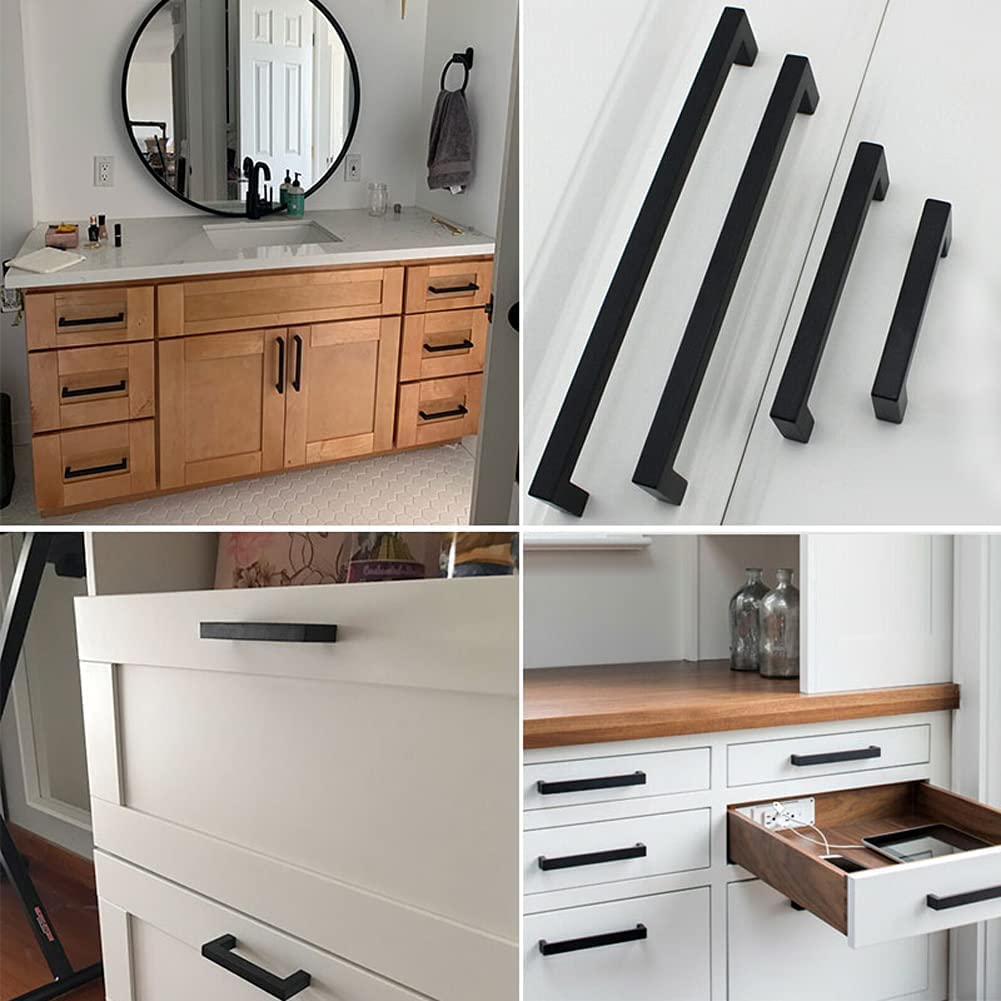 Matte Black Square Cabinet Pulls - 10 Pack 3-3/4 Inch Stainless Steel Kitchen Drawer Handles (96mm Hole Centers) - Durable Cabinet Hardware for Kitchen Cabinets, Bathroom Vanities & Office Furniture