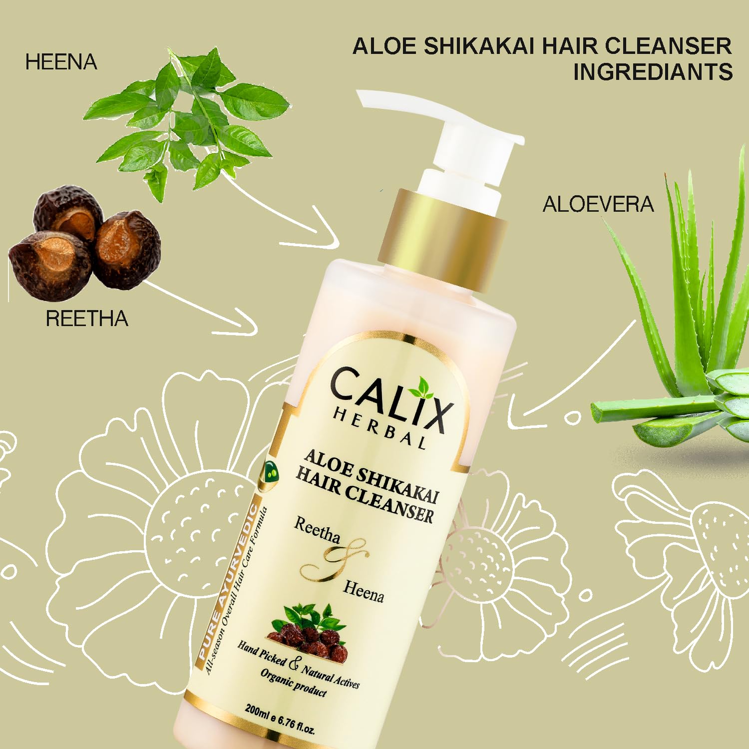 Calix Herbal Ayurvedic & Organic Aloe Shikakai Shampoo for Dry, Frizzy Hair - Controls Hair Fall, Strengthens Roots, Promotes Growth - Full Hair Care for Men & Women (200ml) - Perfect for Daily Use & Natural Hair Repair