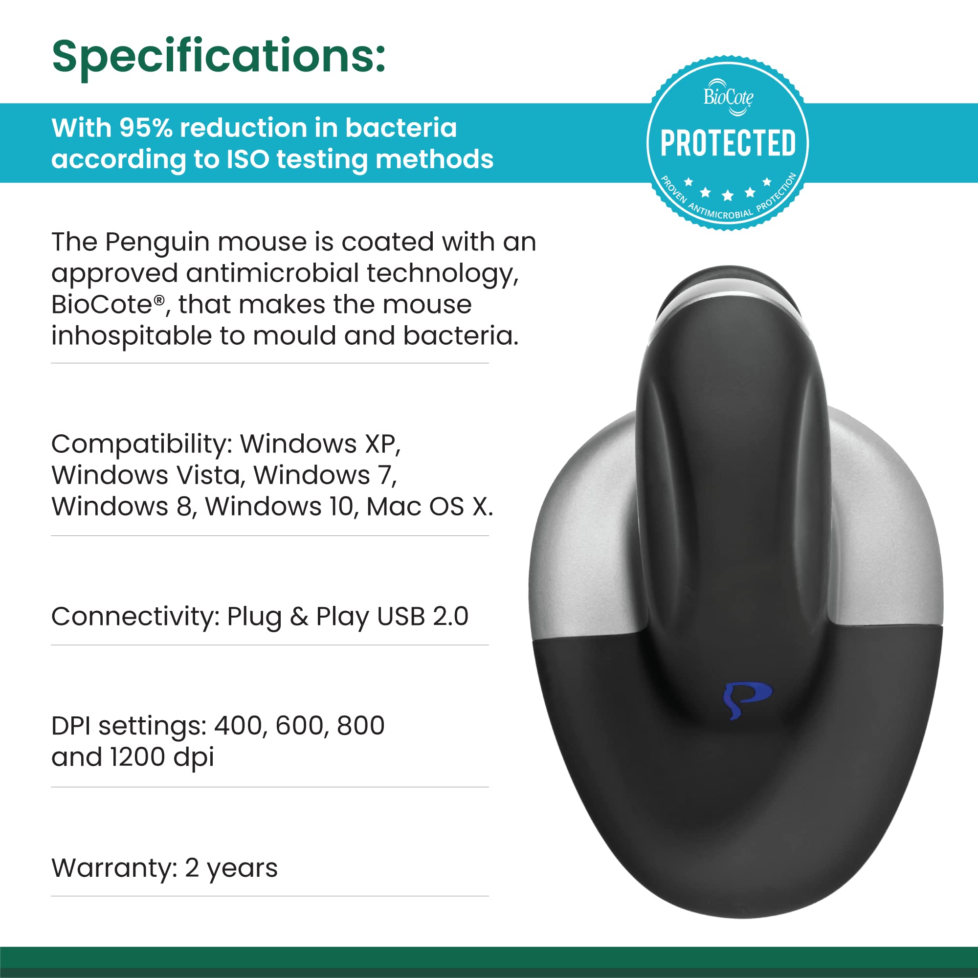 Posturite Wired Penguin Mouse - Ergonomic Large Computer Mouse for Comfort & Pain Relief (9820101) - Perfect for Office Work, Gaming & Long Computer Sessions