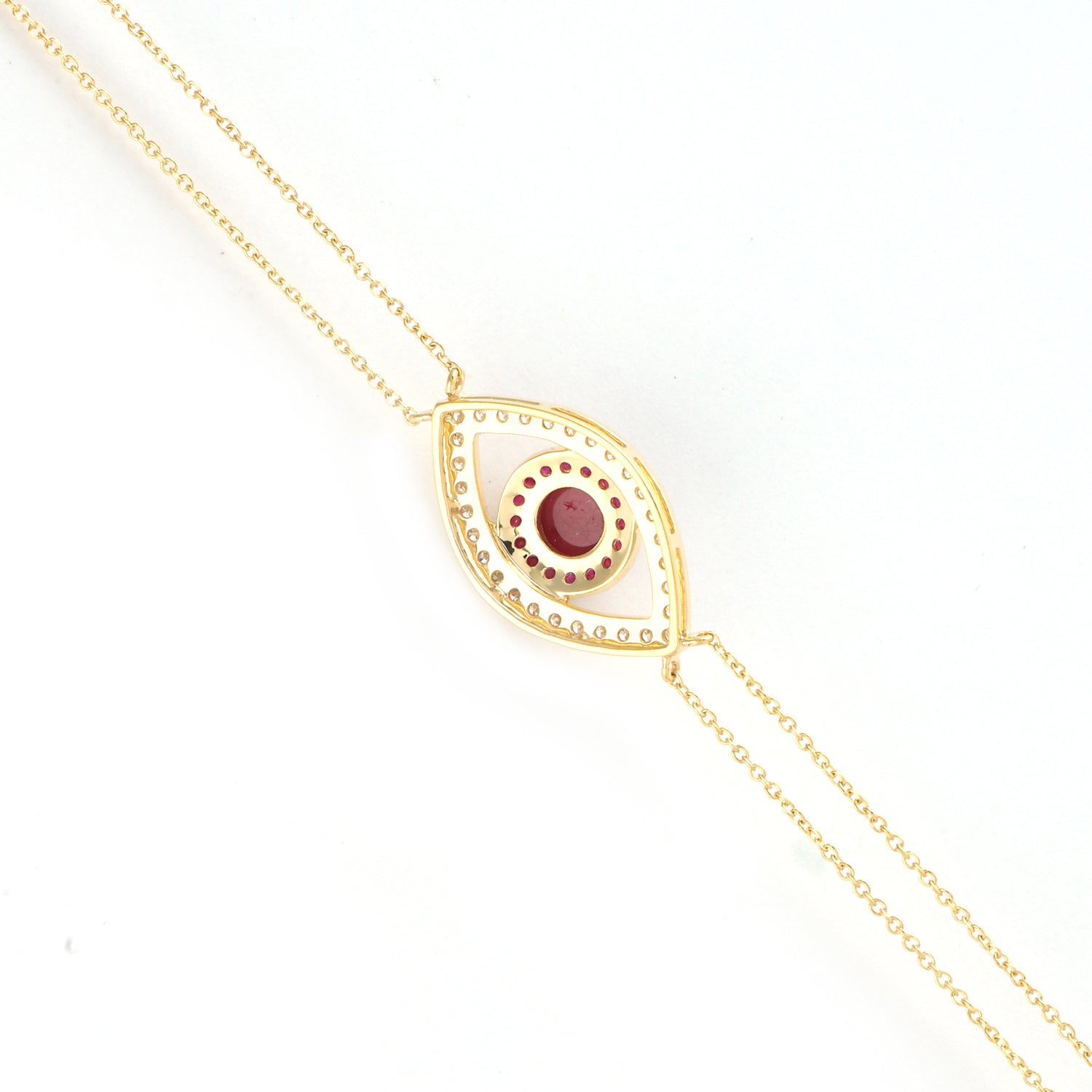 14K Yellow Gold Bezel Set Ruby Pave Diamond Evil Eye Bracelet - Adjustable & Flexible for Protection & Style - Perfect for Everyday Wear, Gifts & Spiritual Jewelry