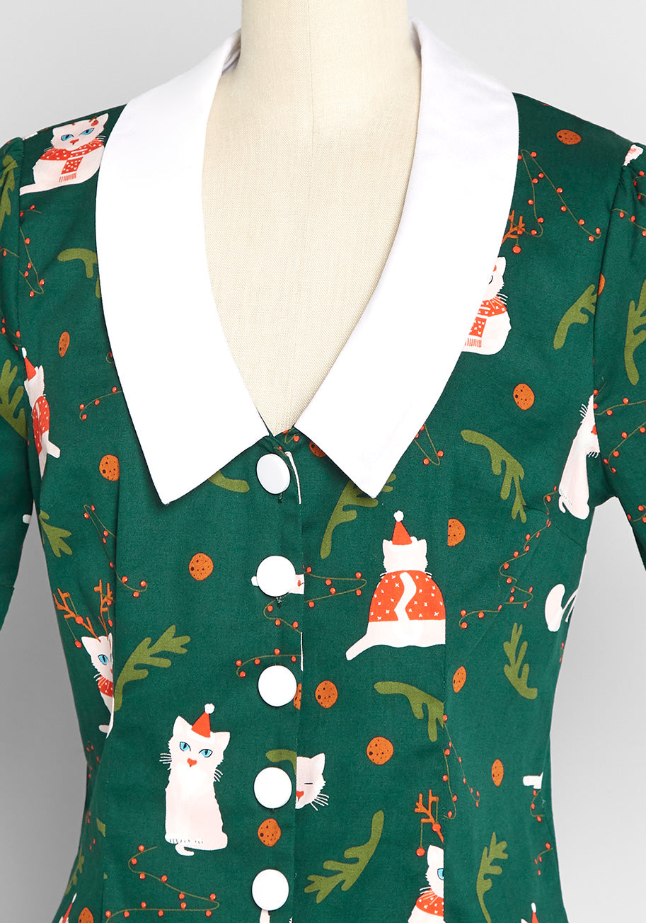 Felines Feeling Festive Cat Print Button Up Blouse for Women - Cute Holiday Party & Casual Office Wear