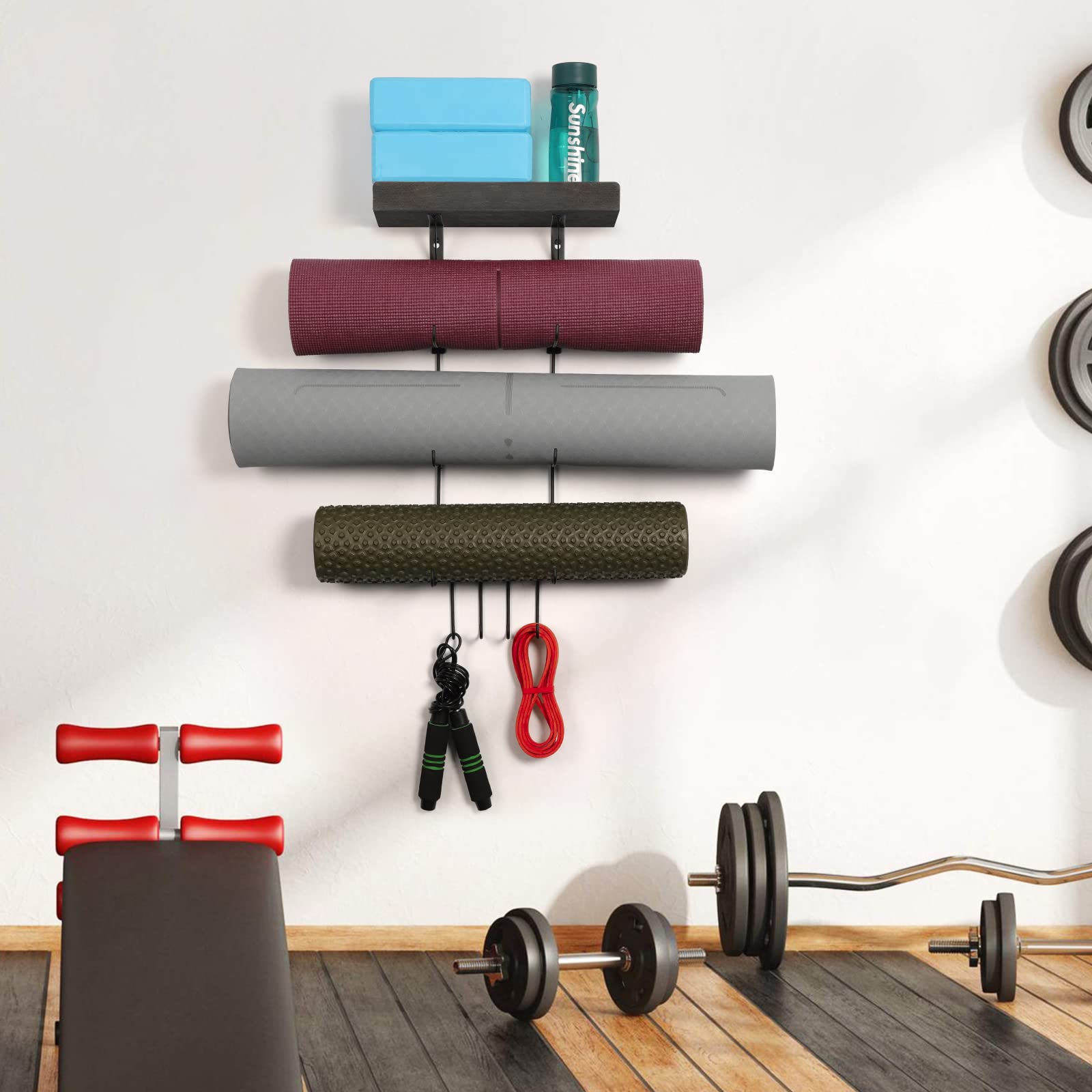 VINAEMO Yoga Mat Holder Wall Mount Organizer - 4 Hooks & Wooden Shelves for Foam Roller, Towel, Resistance Bands Storage - Perfect for Home Gym, Yoga Studio, School & Office Organization