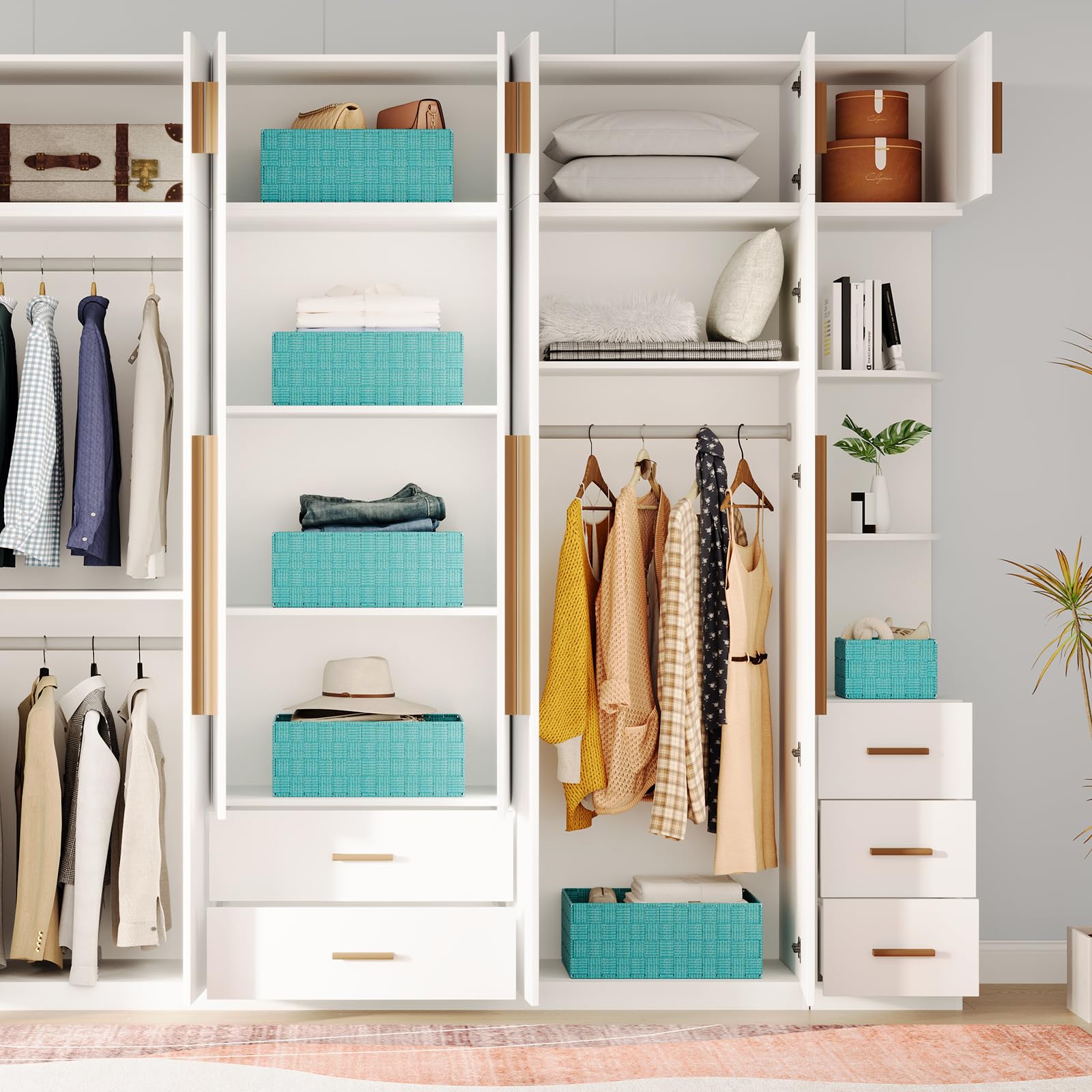 Woven Storage Baskets Set of 6 - Foldable Cube Bins for Closet, Shelves & Home Organization - Aqua Storage Containers | Perfect for Bedroom, Nursery & Laundry Room Organization