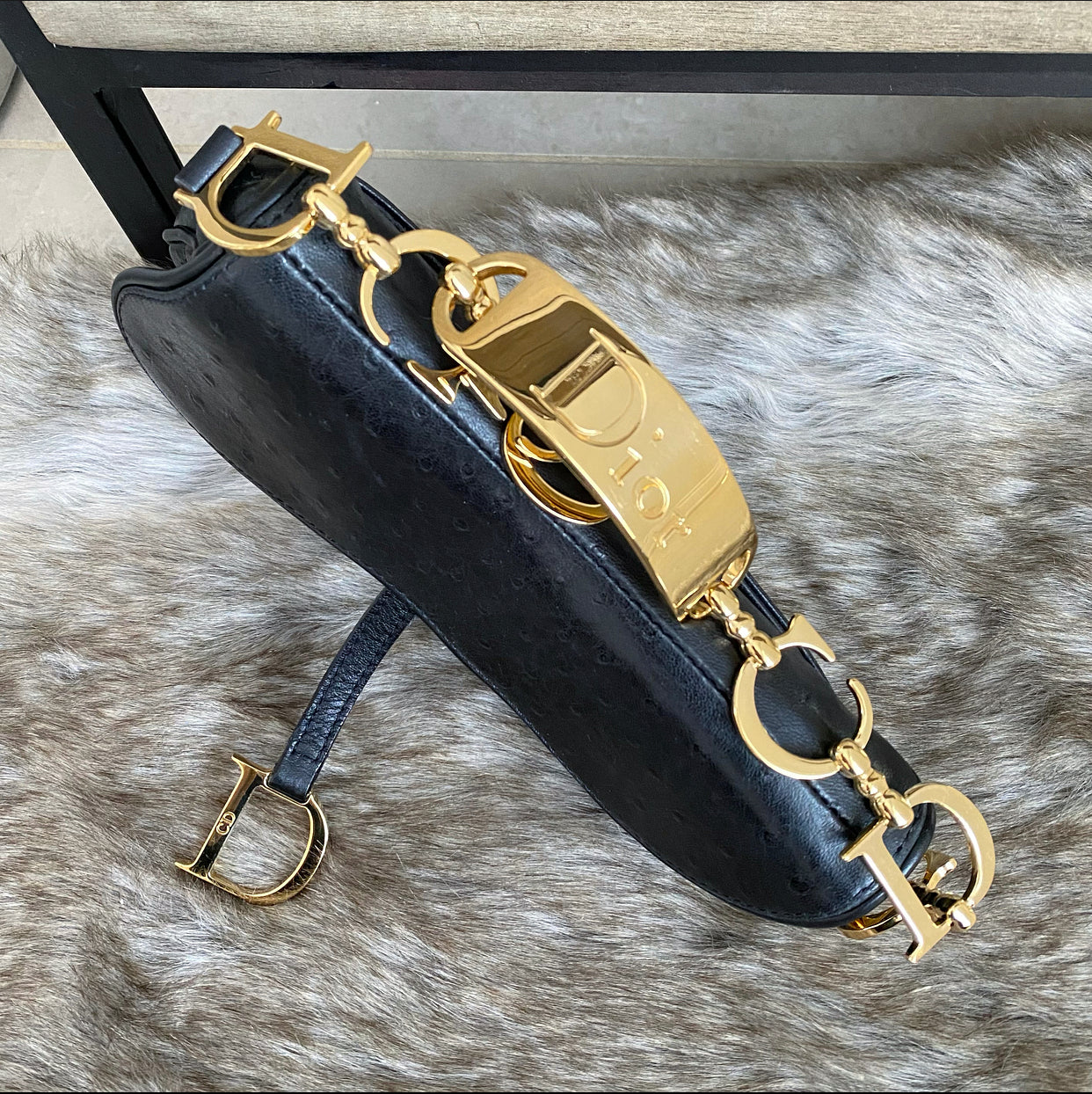 Vintage Christian Dior Galliano Black Ostrich Leather Mini Saddle Bag - Luxury Crossbody Purse for Women, Night Out & Special Occasions