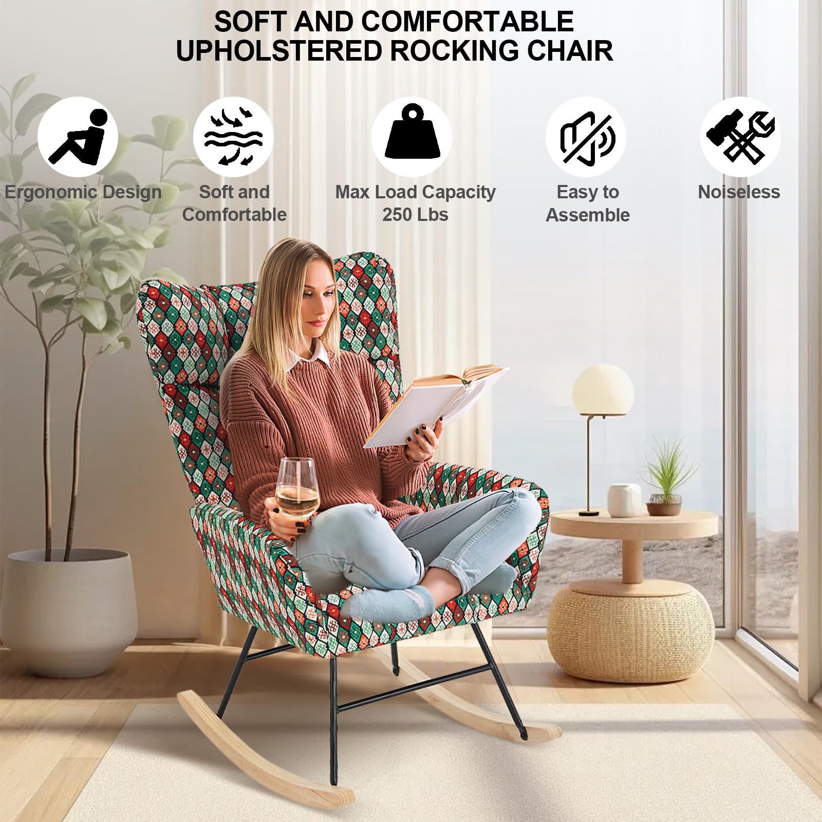 **Solid Wood Nursery Rocking Chair with Soft Teddy Fabric Upholstery - Adjustable High Back Glider for Nursing, Reading & Relaxing - Perfect for Nursery, Living Room & Bedroom (Camouflage Design)**