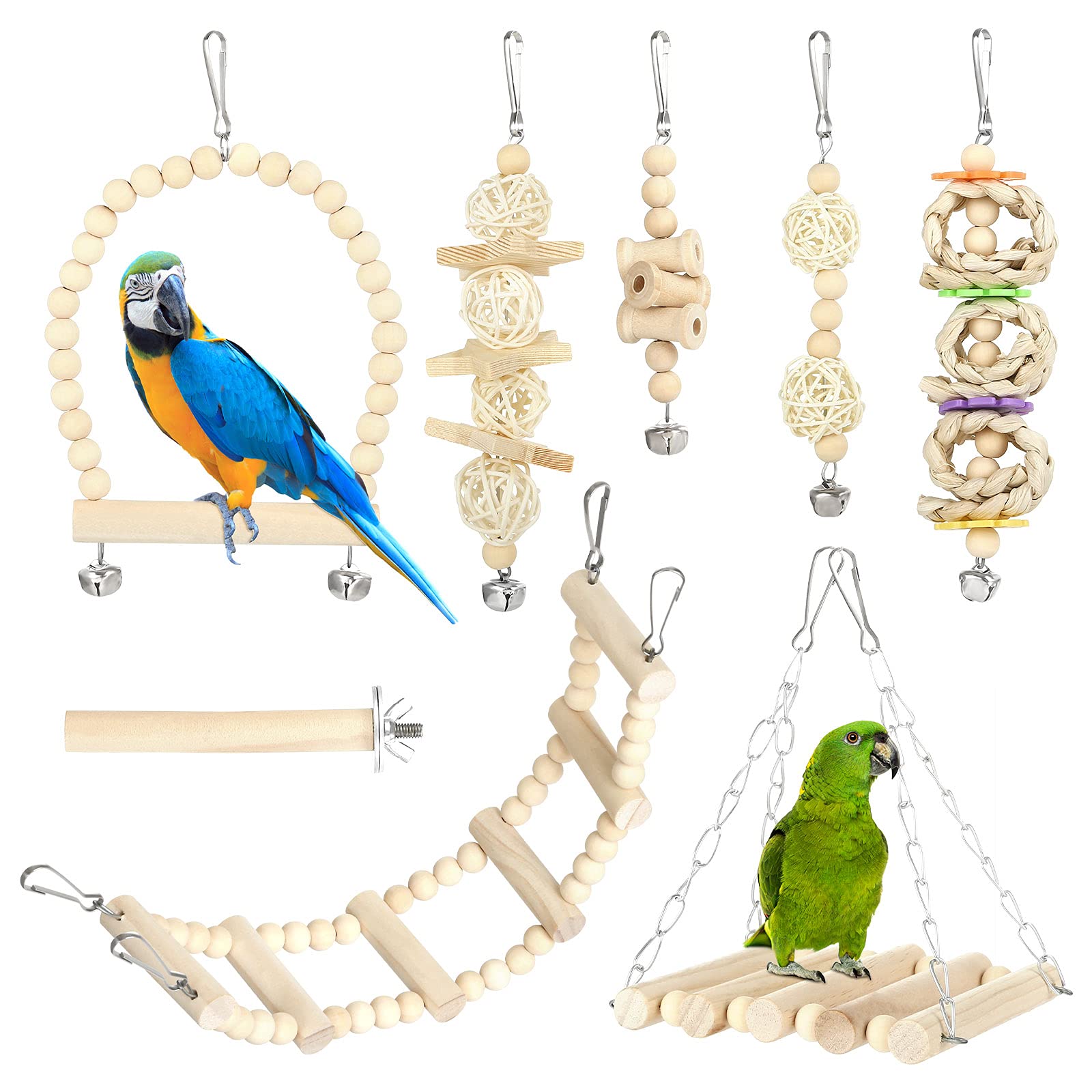 8 PCS Bird Toys for Parrots - Wooden Chewing Hanging Swing & Standing Toys for Parakeets, Cockatiels, Conures & Budgies - Cage Accessories for Play, Exercise & Mental Stimulation