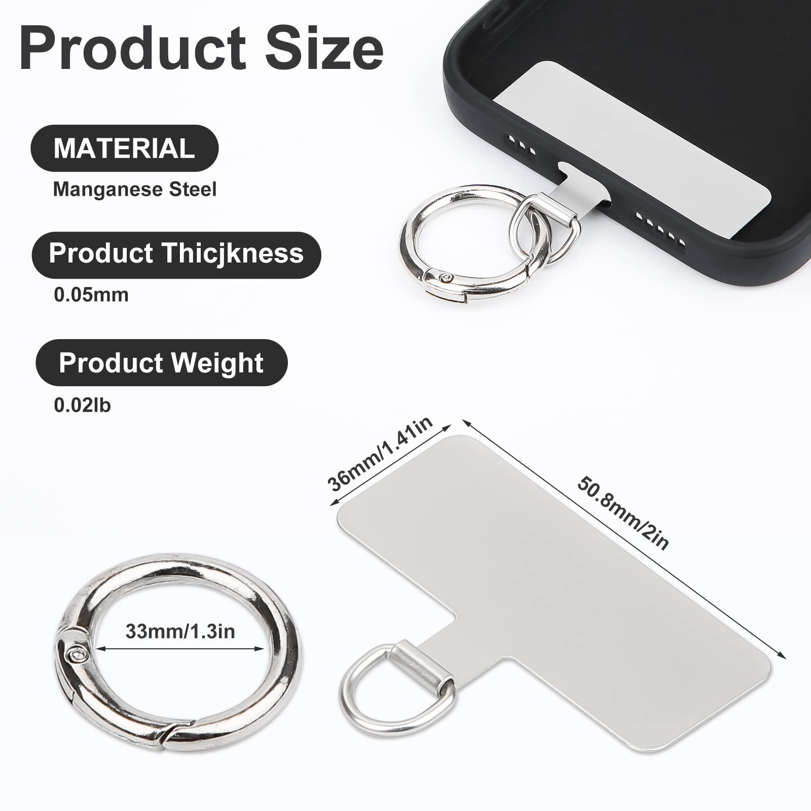 Universal Metal Phone Tether with Spring Ring - No Adhesive Phone Lanyard for Secure Carry (Silver)