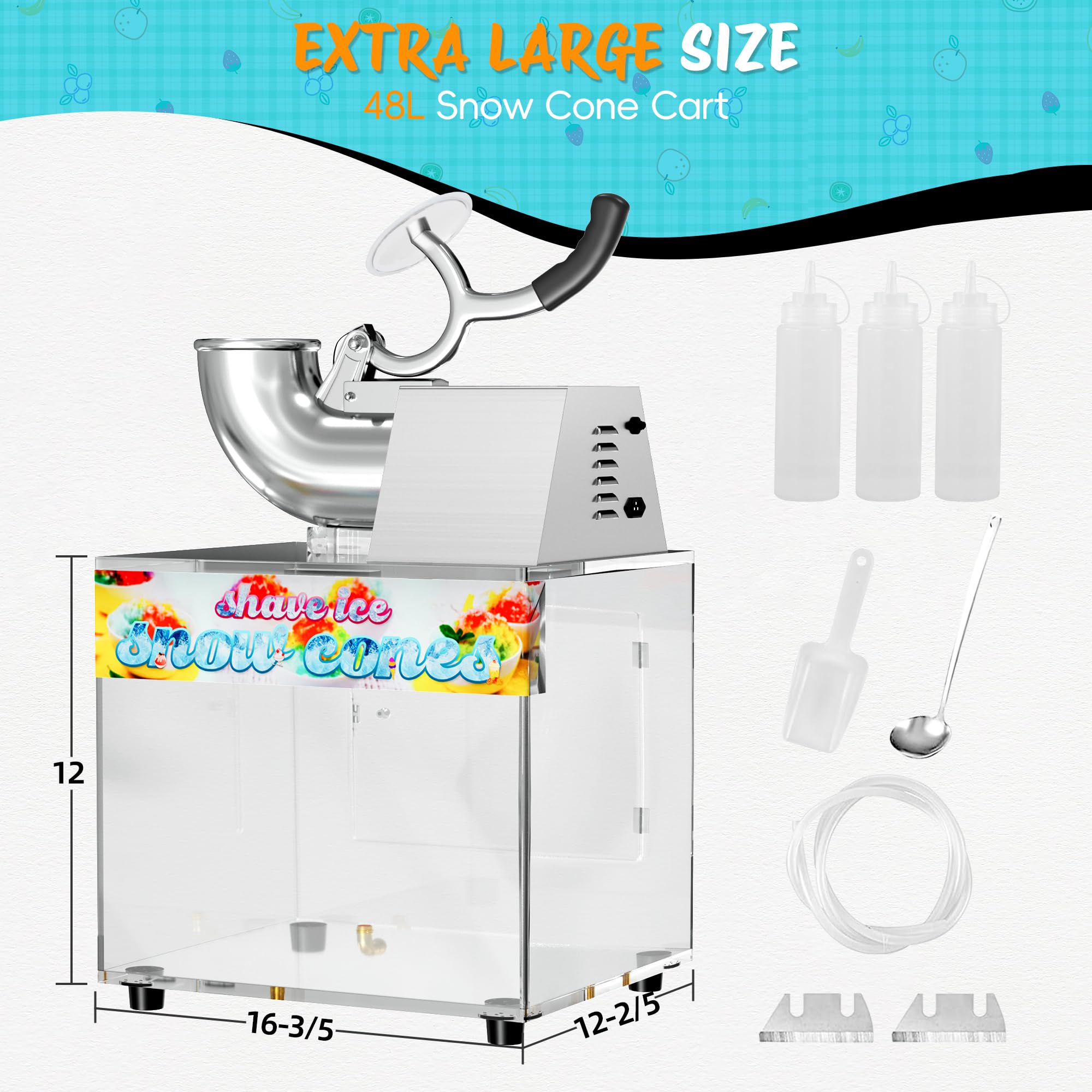 48L Commercial Snow Cone Machine - 500LB/H Electric Shaved Ice Maker with 300W Motor for Parties, Events & Family Gatherings - Perfect for Summer Treats, Carnival Snacks, and Backyard BBQ Entertainment