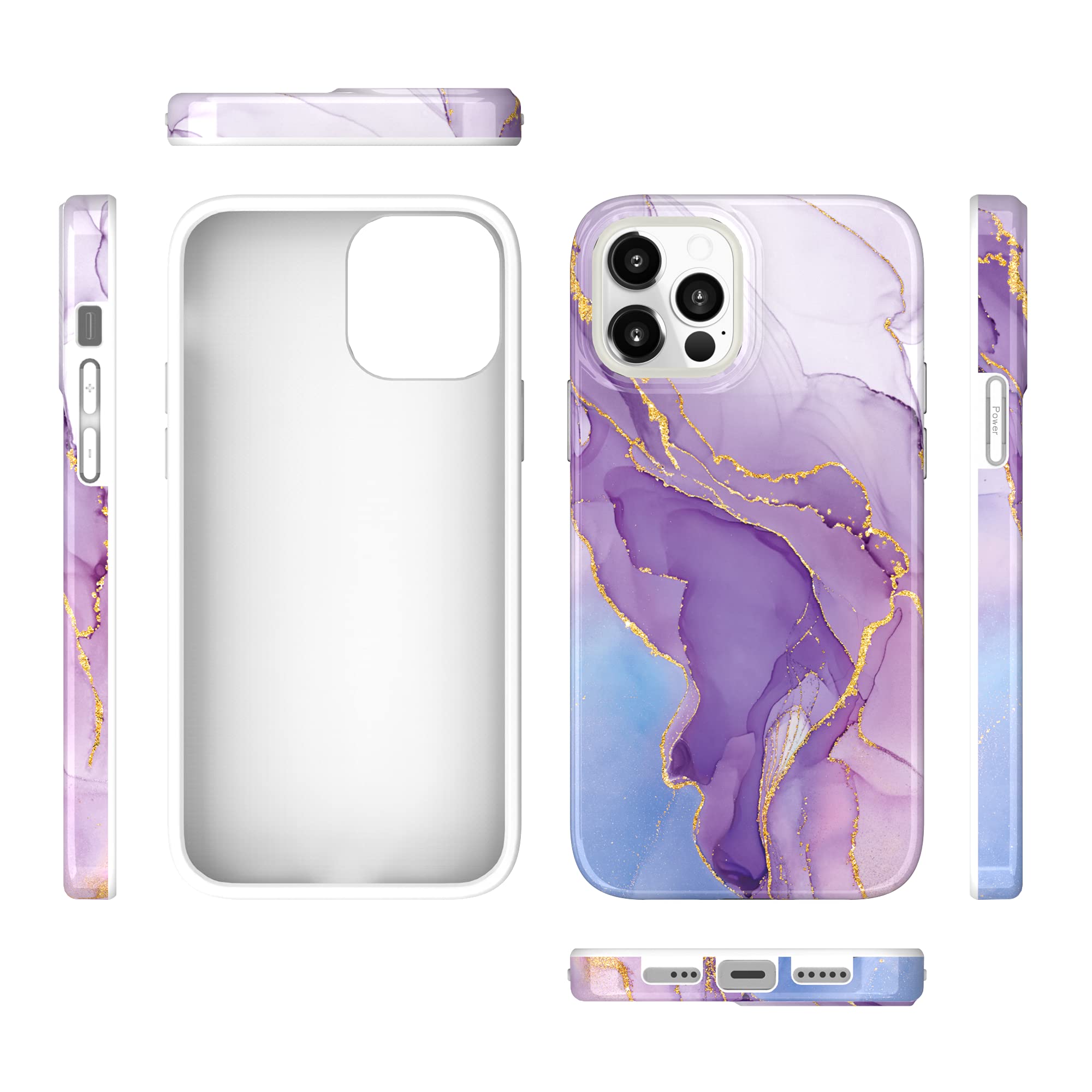 BAISRKE iPhone 12 Pro Max Case 6.7 Inch - Sparkle Glitter Marble Design, Shockproof Flexible TPU Cover with Soft Bumper, Gold & Ornate Purple for Women | Perfect for Everyday Use, Office, and Special Occasions