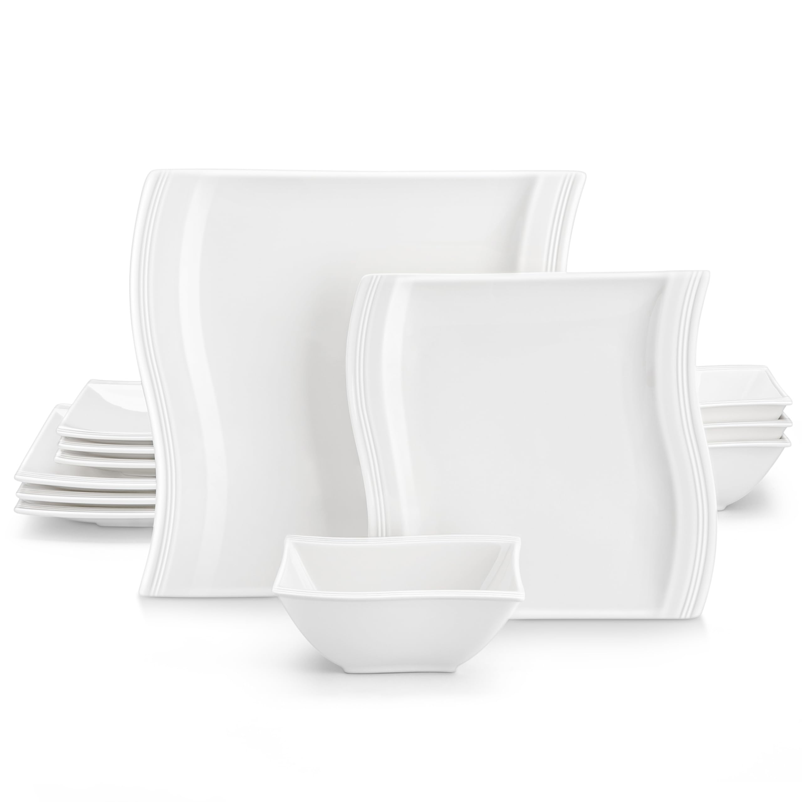 MALACASA 12-Piece Ivory White Porcelain Dinnerware Set for 4 - Square Plates, Bowls & Dessert Plates | Elegant Flora Series | Perfect for Daily Meals, Dinner Parties & Home Decor
