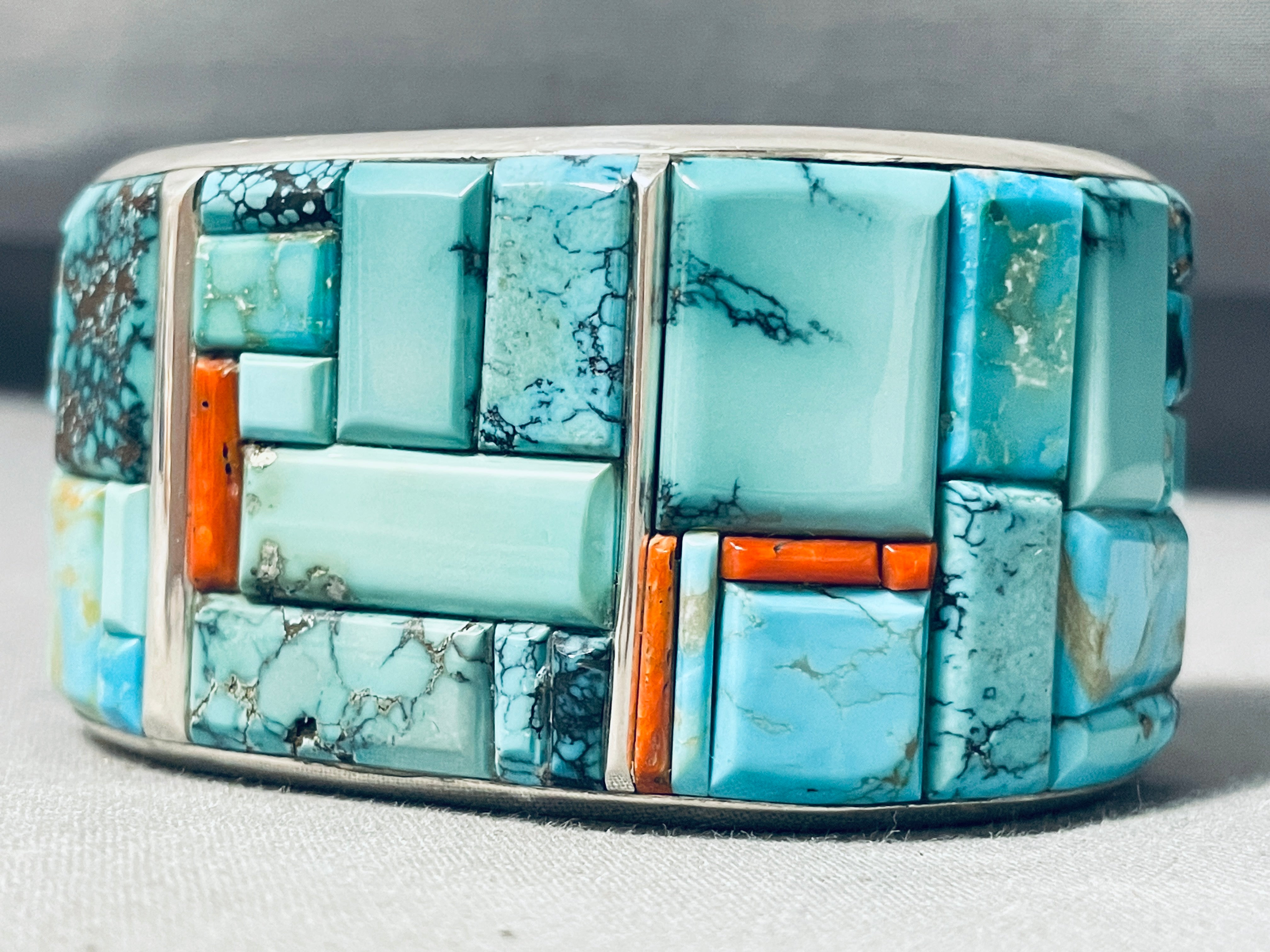 121 Gram Les James Turquoise Inlay Native American Navajo Sterling Silver Bracelet - Handmade Southwest Jewelry for Women, Boho Chic Accessories for Casual & Formal Occasions