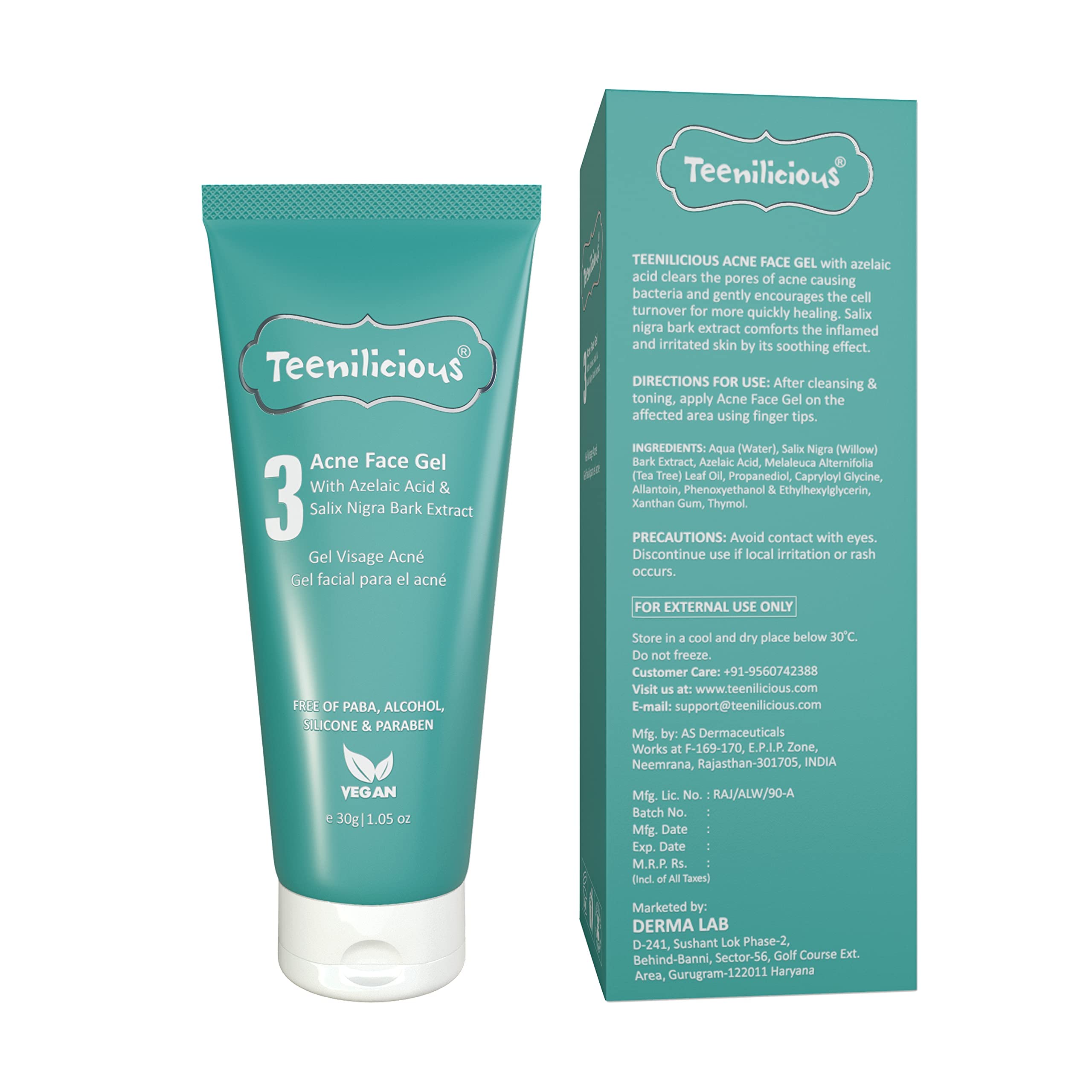 Teenilicious Anti-Acne Gel with 3% Azelaic Acid, Alba Bark Extract & Tea Tree Oil - Acne Spot Treatment for Men & Women - 30g | Fights Hard, Keratinized Pimples | Perfect for Daily Skincare & Blemish Control