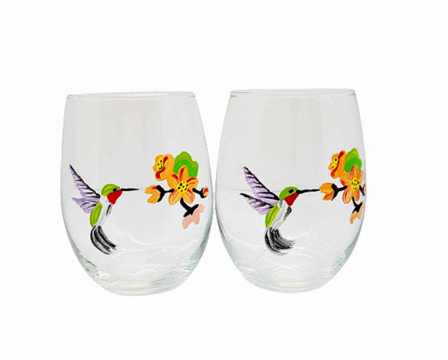 Hand Painted Hummingbird Stemless Wine Glasses Set of 2 - Perfect for Romantic Dinners, Wedding Gifts & Home Decor
