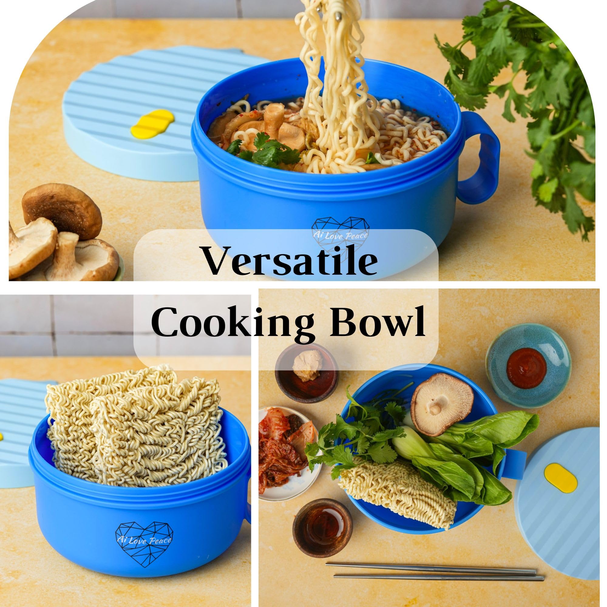 AI LOVE PEACE 40oz Large Microwave Ramen Bowl with Lid - Portable Noodle Cooker for Home, Office & Dorm - Perfect for Ramen, Soup & Instant Meals - Ideal College Gift & Space-Saving Kitchen Essential