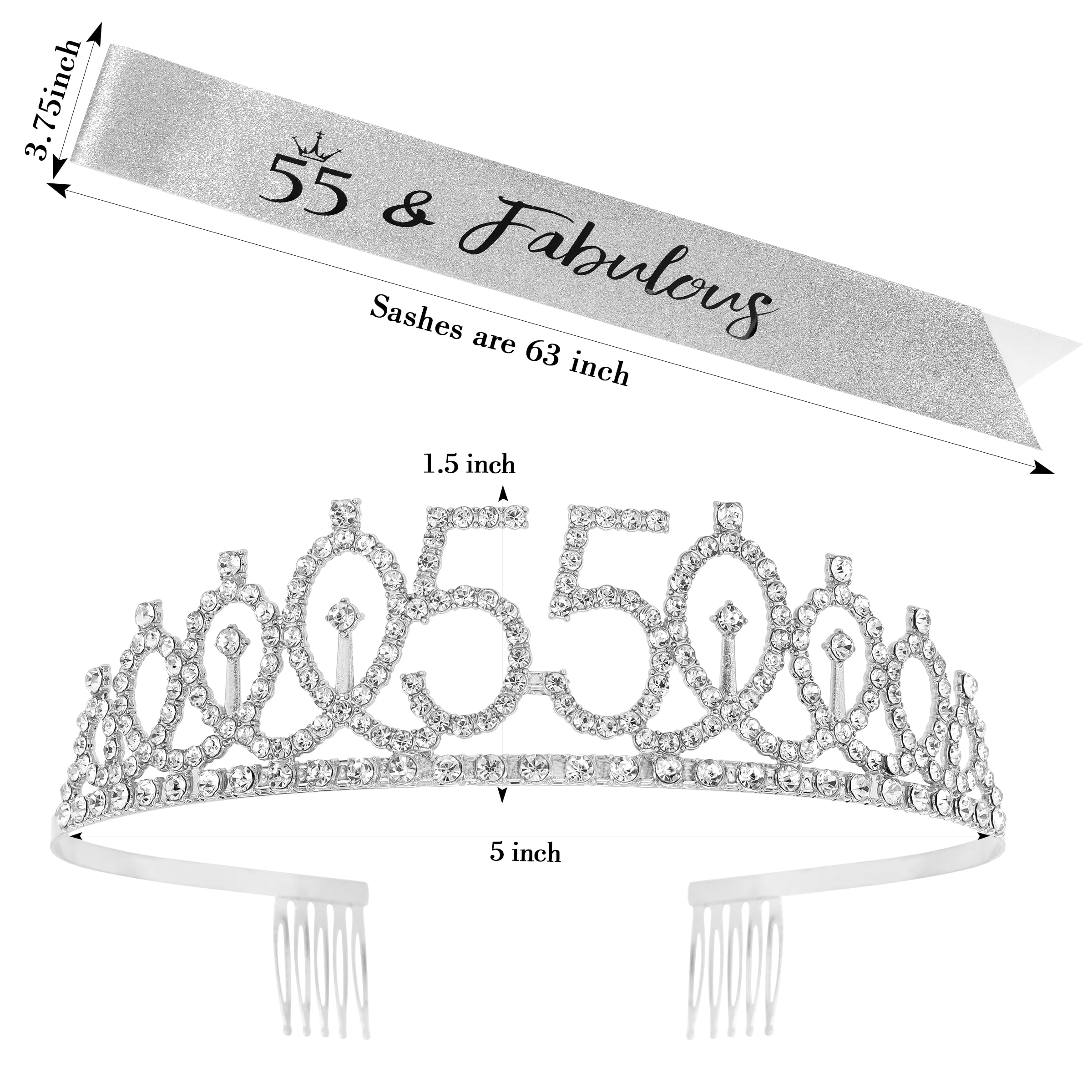 55th Birthday Sash & Tiara Set - Elegant Silver Birthday Crown for Women - Perfect 55th Birthday Gift & Party Decorations - Great for Milestone Celebrations, Birthday Parties & Photo Shoots