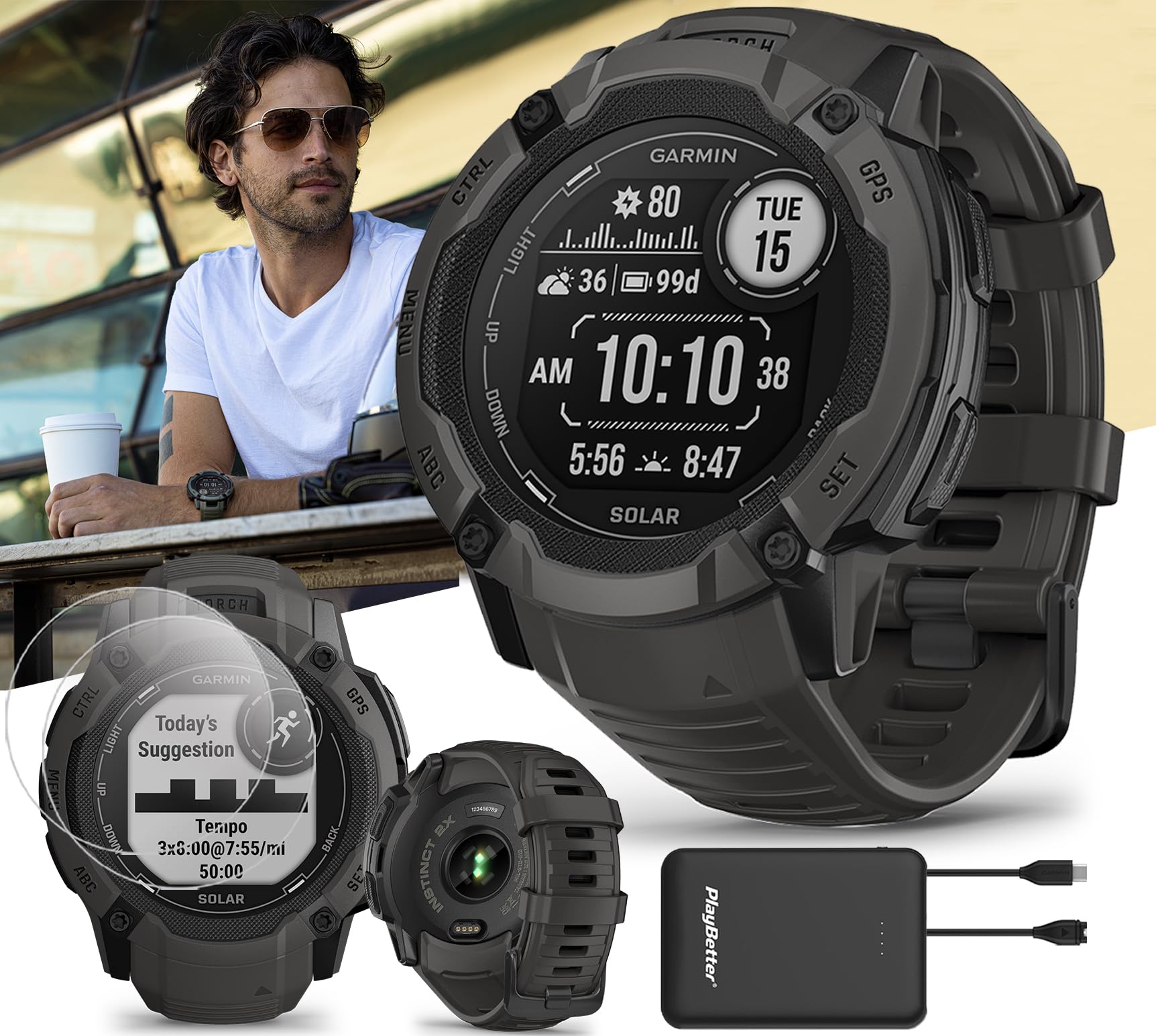 Garmin Instinct 2X Solar (Graphite) Rugged GPS Smartwatch Bundle with Multi-Band GNSS, 24/7 Health Monitoring & Smart Notifications - Includes PlayBetter Portable Charger & Screen Protectors | Perfect for Outdoor Adventures, Hiking, Running & Fitness Tracking