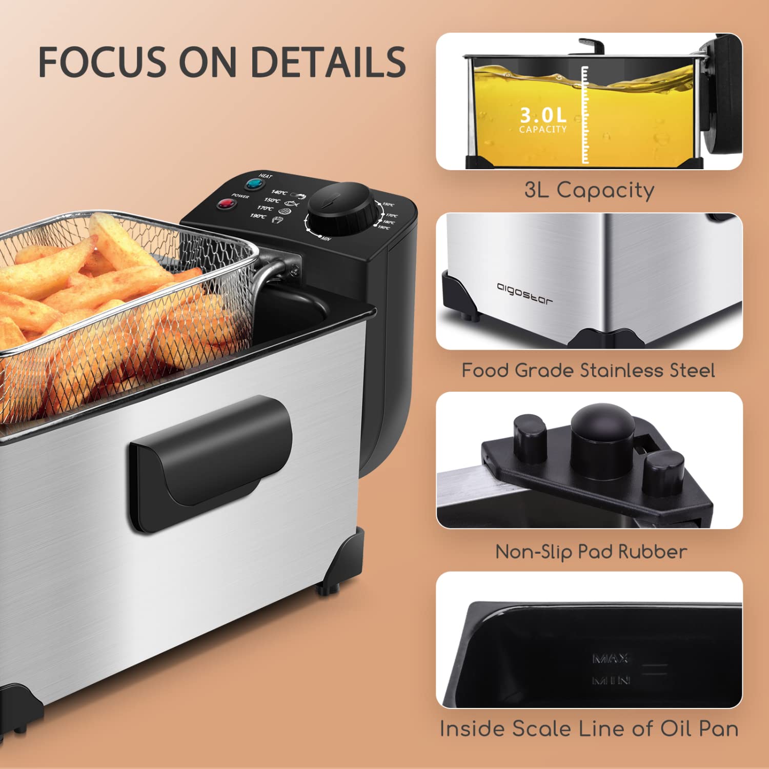 Aigostar 2200W Deep Fryer with 3L Capacity, 304 Stainless Steel Oil Basket & Temperature Control - Perfect for Home Kitchen, Restaurants, and Fast Food Shops - Silver Agni 30RGS