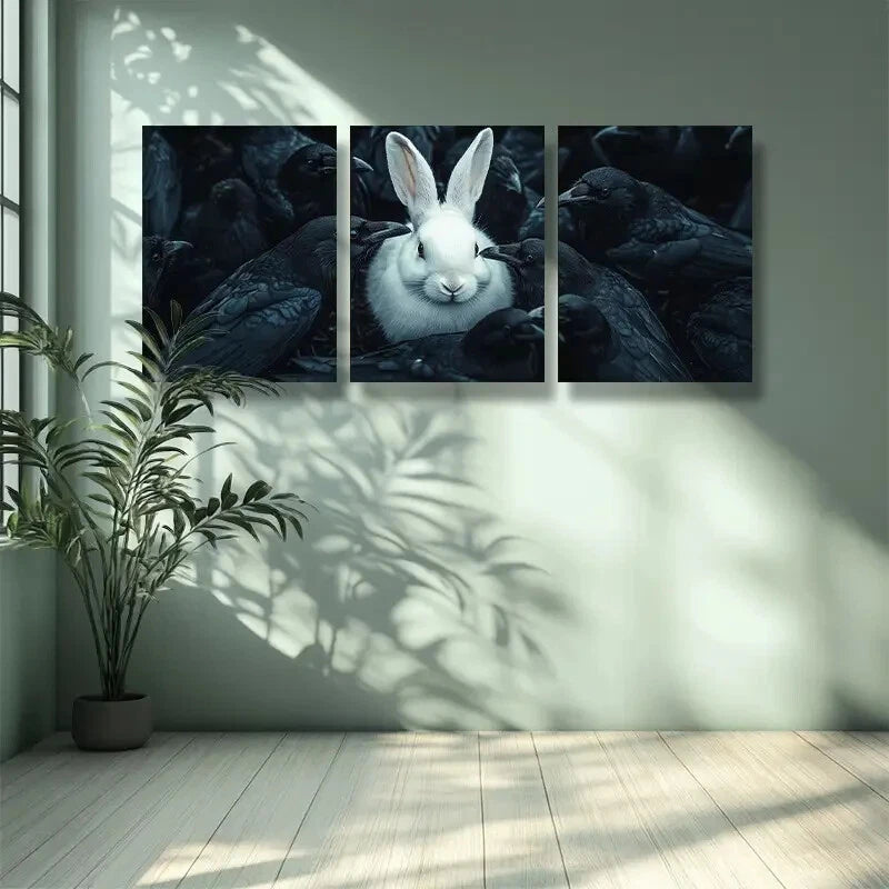 3-Piece White Rabbit and Crow Wall Art Set - Framed Canvas 40x60cm - High Quality Print - 100% Australian Made - Ready to Hang - Perfect for Living Room, Bedroom or Office Decor