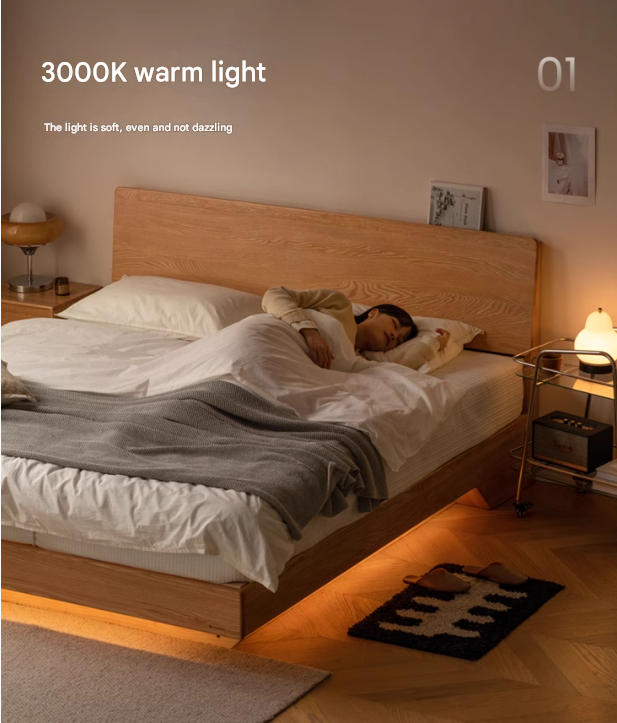 Solid Oak & Black Walnut Wood Floating Platform Bed with LED Lighting - Modern Bedroom Furniture for Contemporary Home Decor