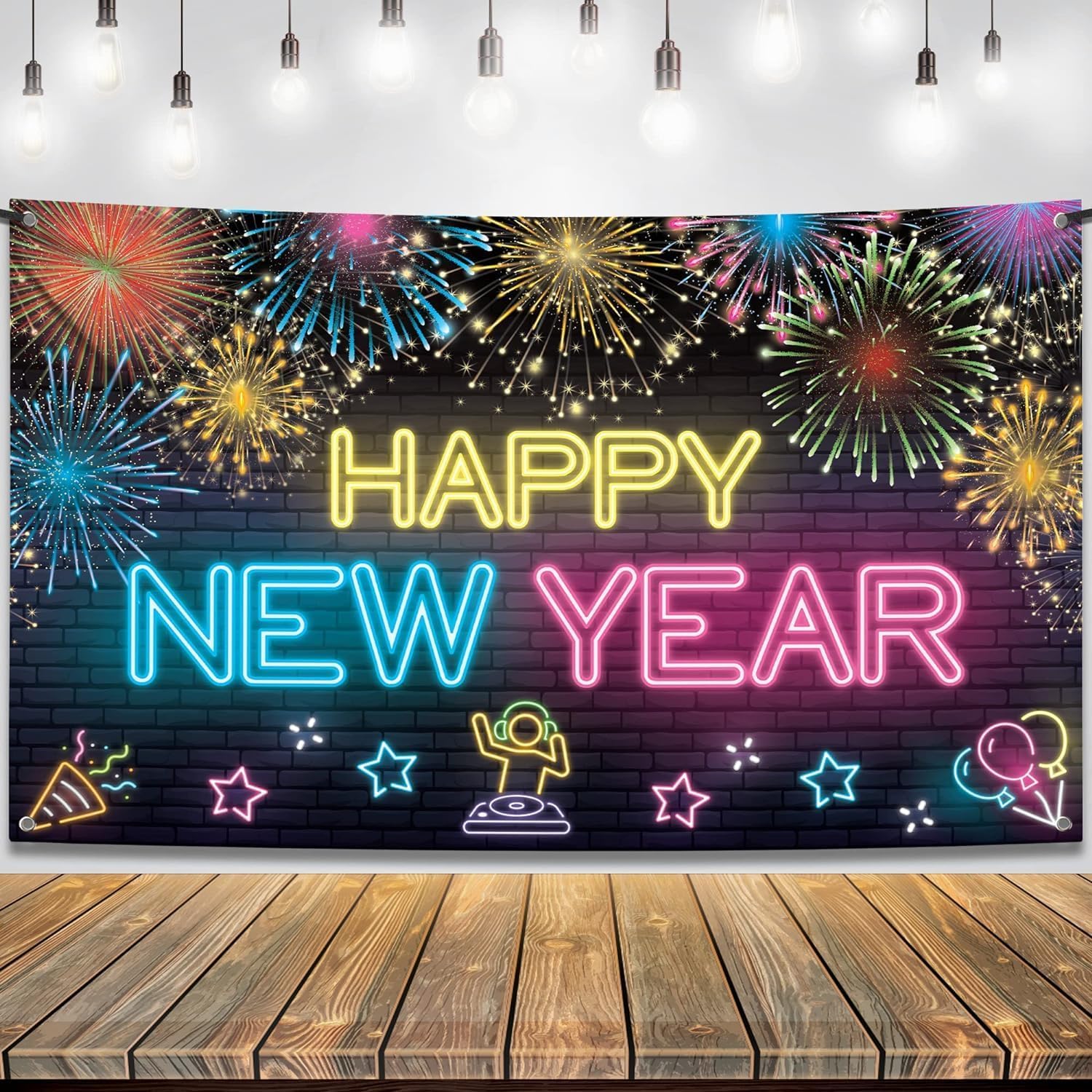 KatchOn Extra Large Neon Happy New Year Banner - 72x44 Inch Glow in The Dark Party Decor | 2025 New Year's Eve Backdrop & Celebration Supplies | Vibrant Multicolor Wall Decoration for NYE Parties, Countdown Events & Home Decor