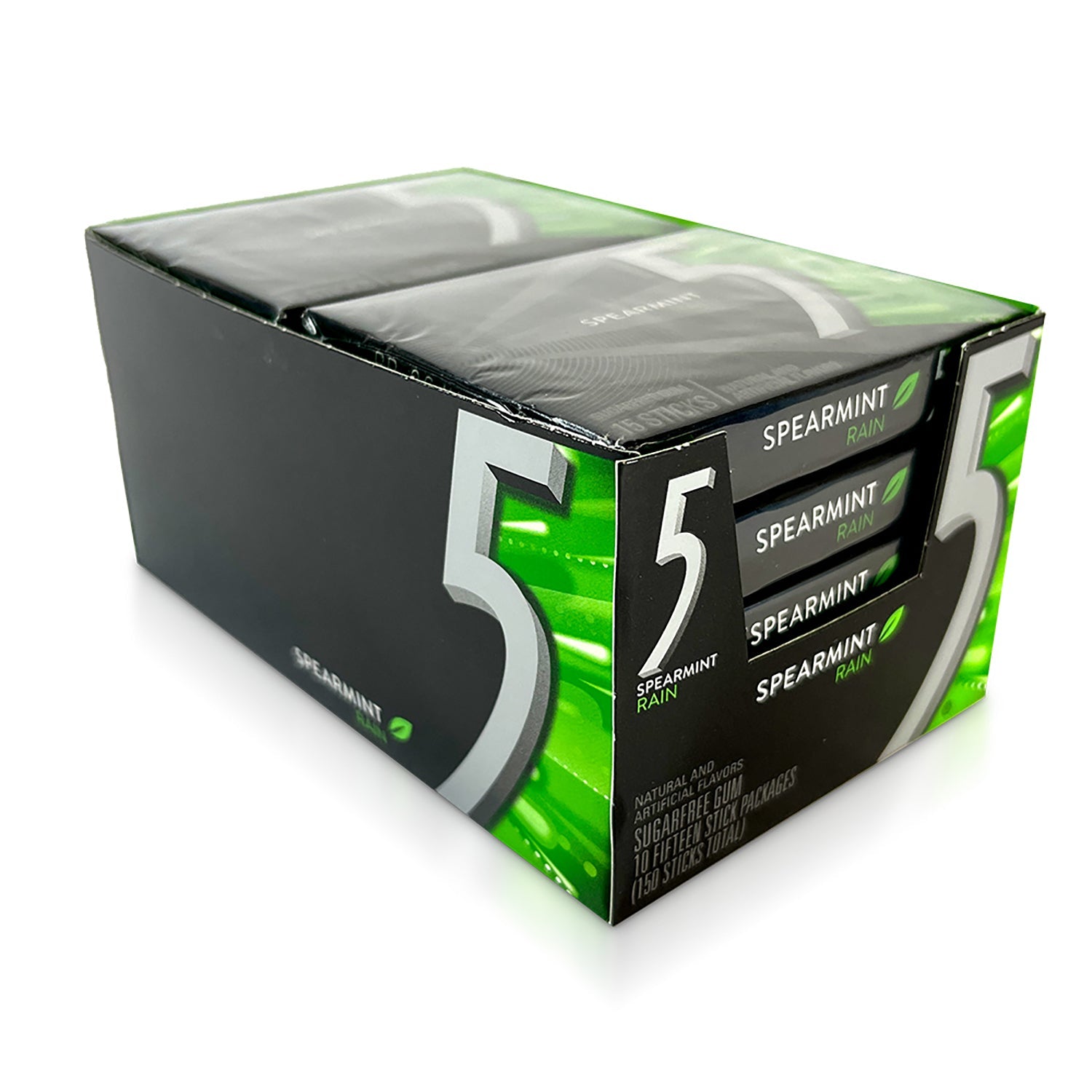 5 Gum Spearmint Rain Sugar-Free Chewing Gum - 15 Sticks per Pack, 10 Packs (150 Sticks Total) | Refreshing Mint Flavor for Fresh Breath - Perfect for Work, Travel & On-the-Go