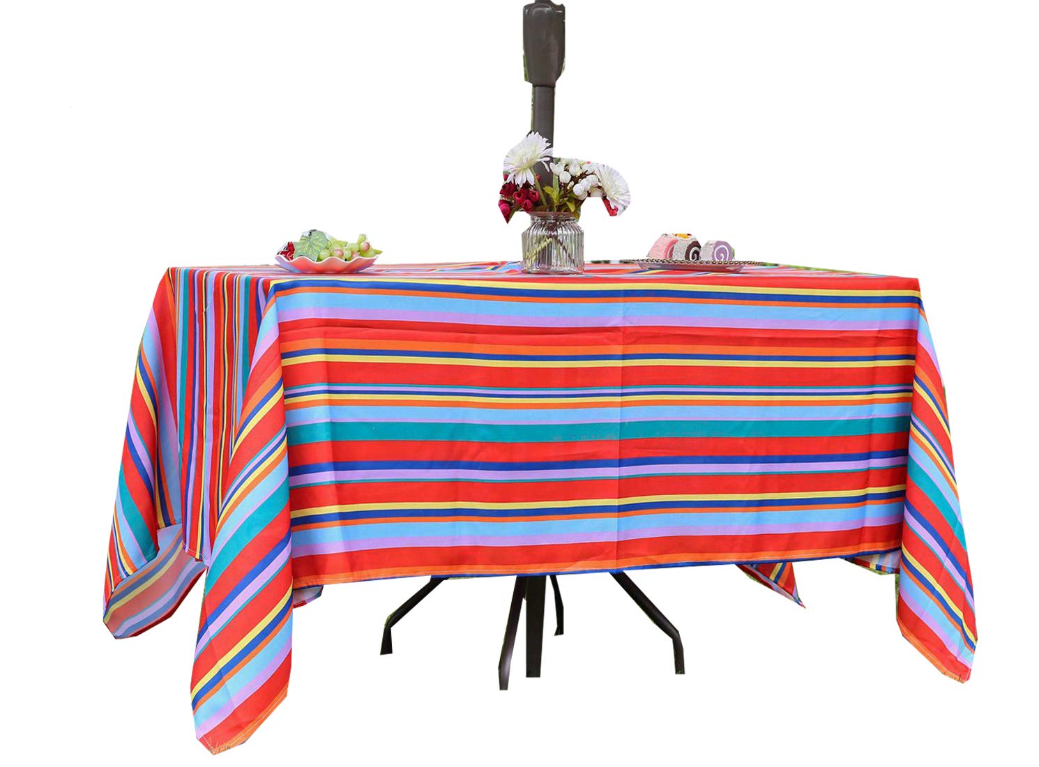 Waterproof Rainbow Mexican Outdoor Tablecloth with Umbrella Hole - 52x70 Inch Rectangle Picnic Table Cover for Spring Parties, Patio Dining & Camping - Color Stripe Design (Zipper Closure)
