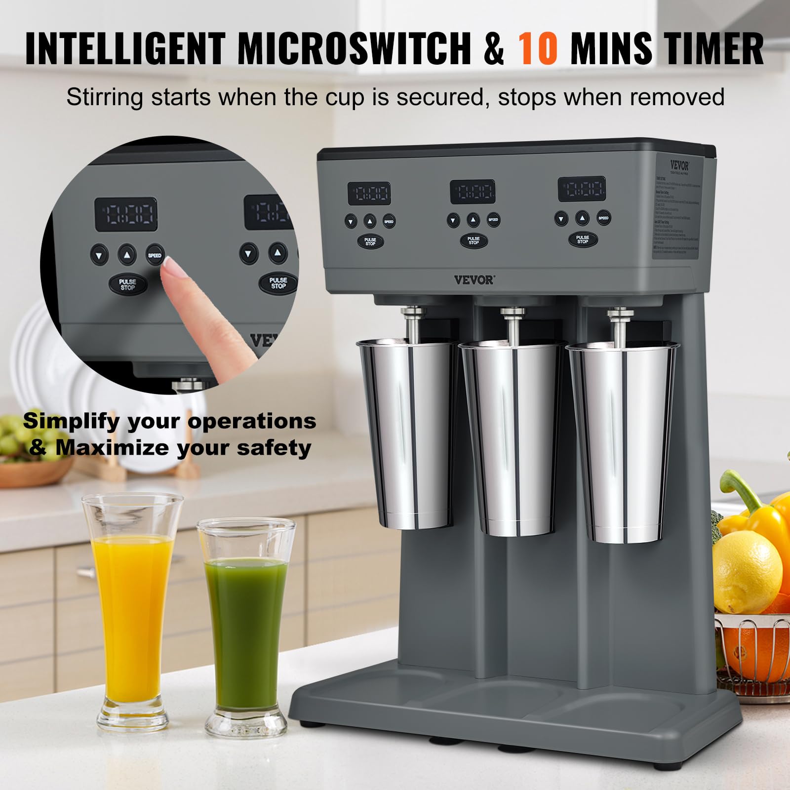 VEVOR Commercial Triple Head Milkshake Maker - 375W Electric Drink Mixer Blender with 3 Speeds, LED Display & Microswitch, Includes 3 x 820ml Stainless Steel Cups - Perfect for Restaurants, Cafes, Ice Cream Shops & Smoothie Bars