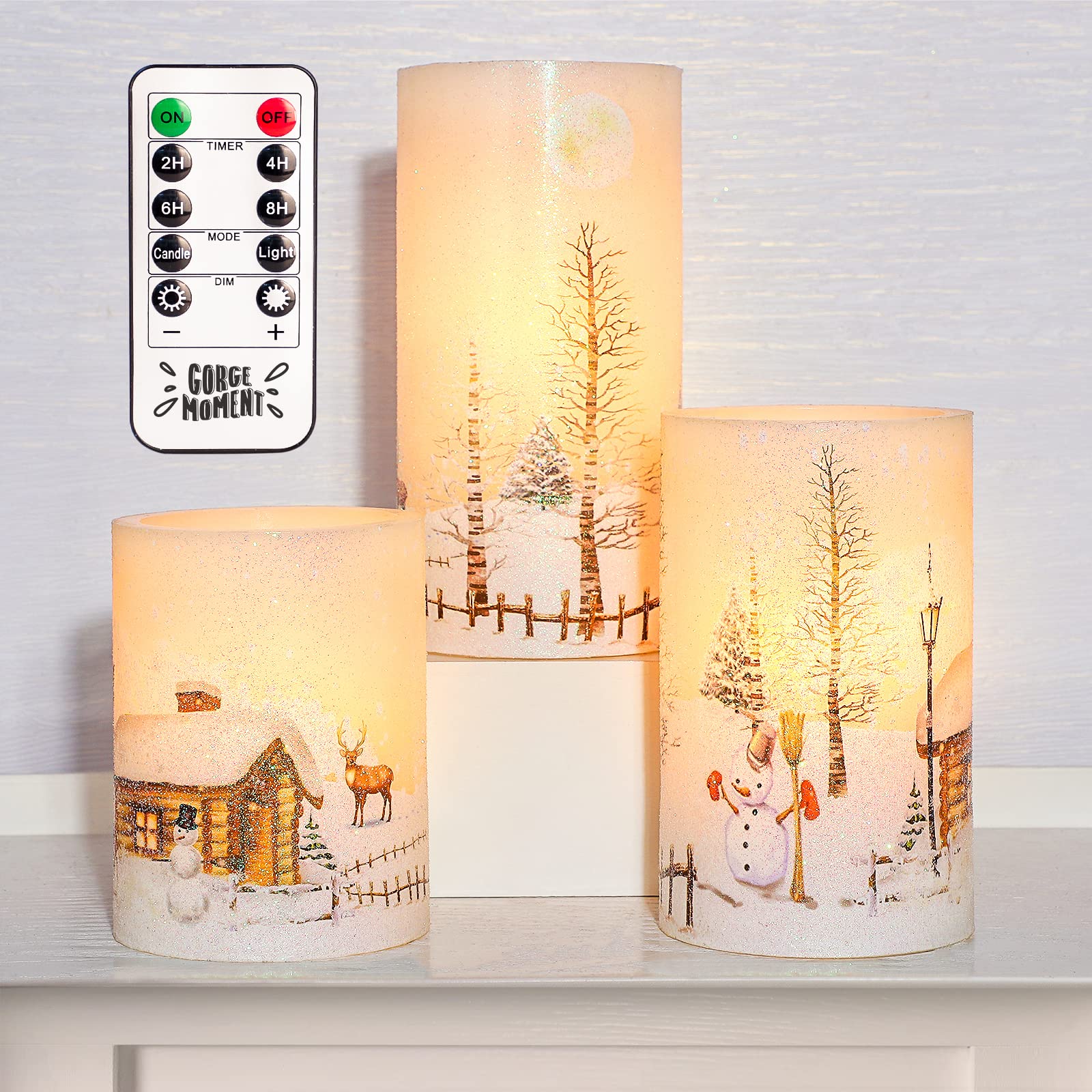 Flameless LED Candles with Remote & Timer - Real Wax Battery Operated Holiday Decor Lights for Christmas, Snowman Snow Scene - Perfect for Table Centerpiece, Room Decor, and Festive Gift Giving