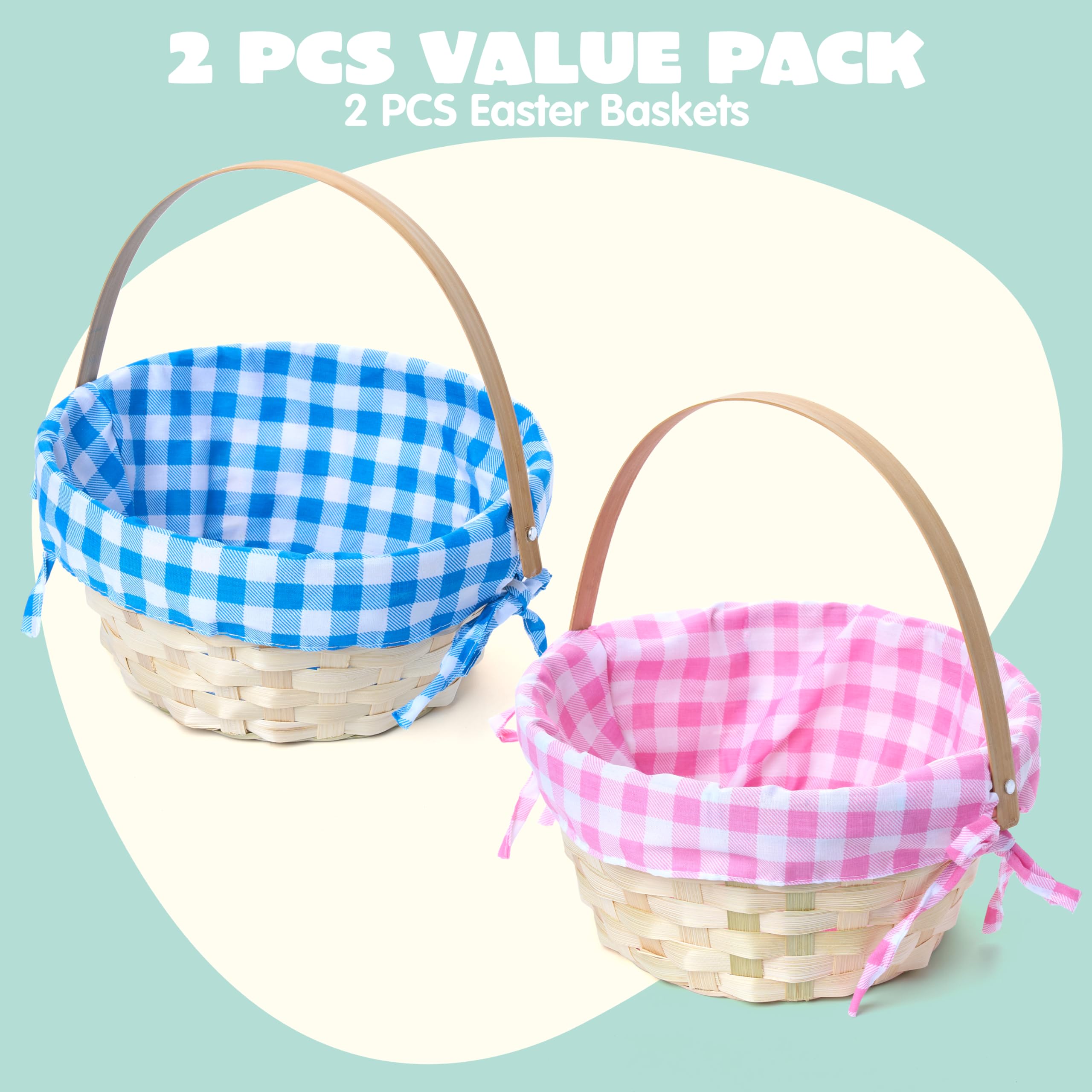 JOYIN 2-Pack Easter Bamboo Woven Baskets with Linen Liner & Handle - Decorative Party, Picnic, Easter Egg Hunt Gift Baskets for Kids (Boys & Girls) - Perfect for Candy, Treats & Holiday Decorations