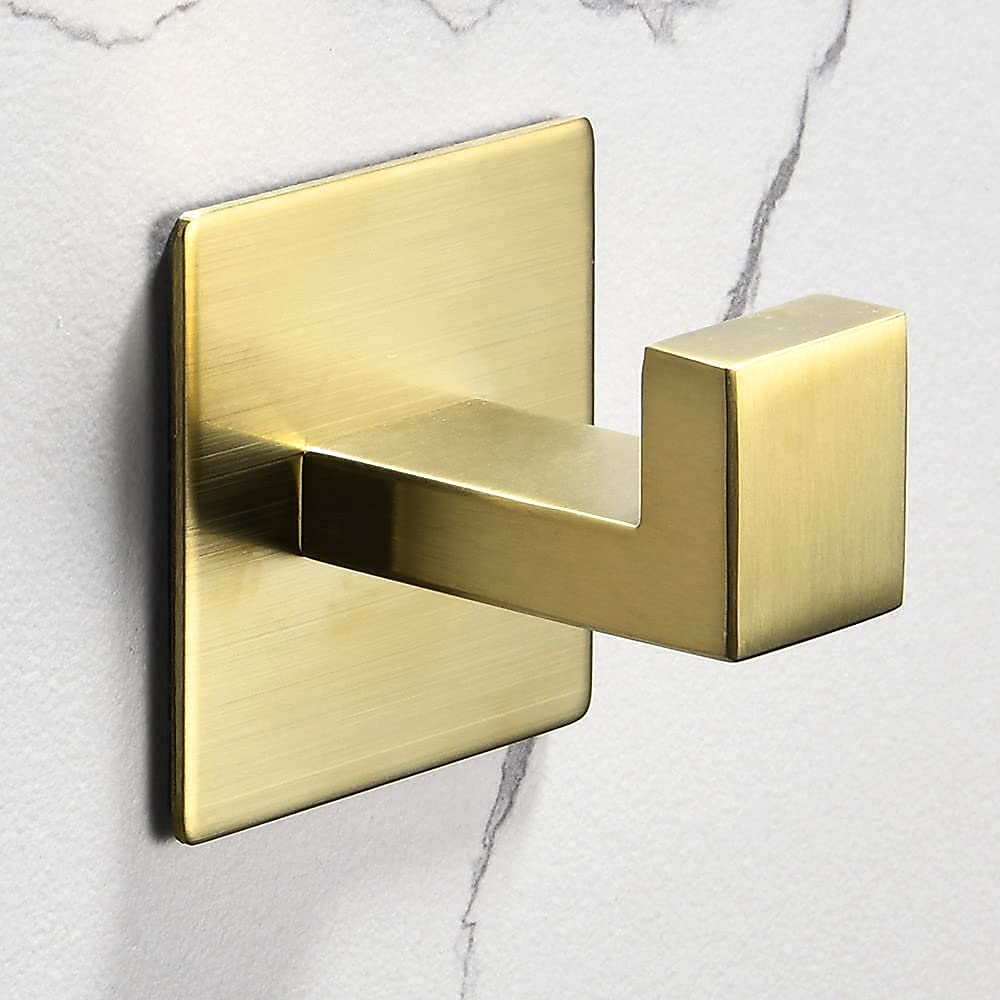 WOLIBEER Self-Adhesive Gold Wall Hooks - No Drill Bathroom & Kitchen Towel Hooks, Door Hooks, Robe Hooks (2 Pack) - Perfect for Hanging Towels, Robes, and Keys in Bathrooms, Kitchens, and Entryways