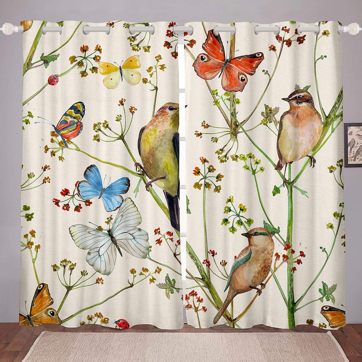 Castle Fairy Love Bird Printed Curtains - Magpie & Floral Design Window Treatments with Rod Pocket for Bedroom, Kitchen & Living Room | Elegant Butterfly & Branch Tree Flowers Decor for Cozy Home Ambiance