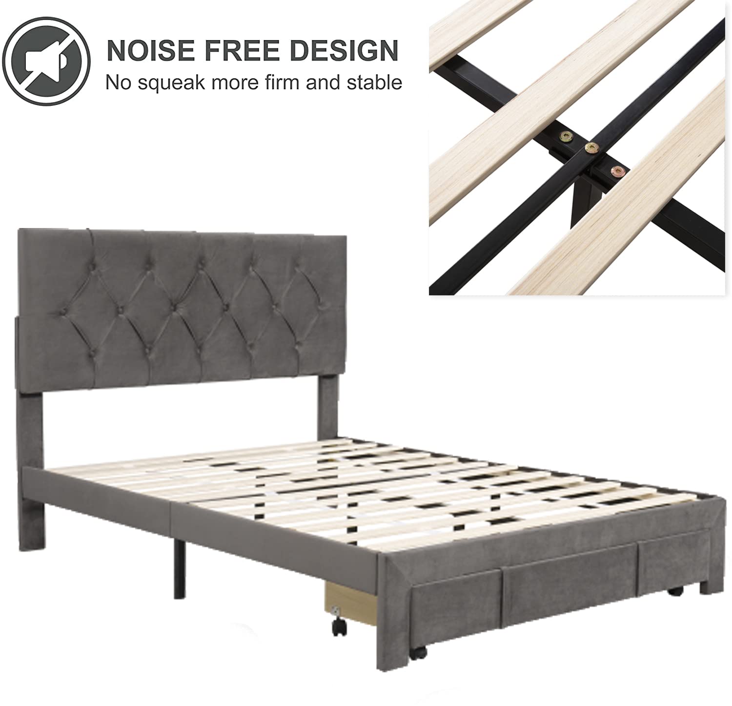 Queen Size Velvet Upholstered Storage Platform Bed with Large Drawer - Modern Bed Frame for Teens & Adults (Grey) | Perfect for Small Bedrooms, Dorms & Guest Rooms