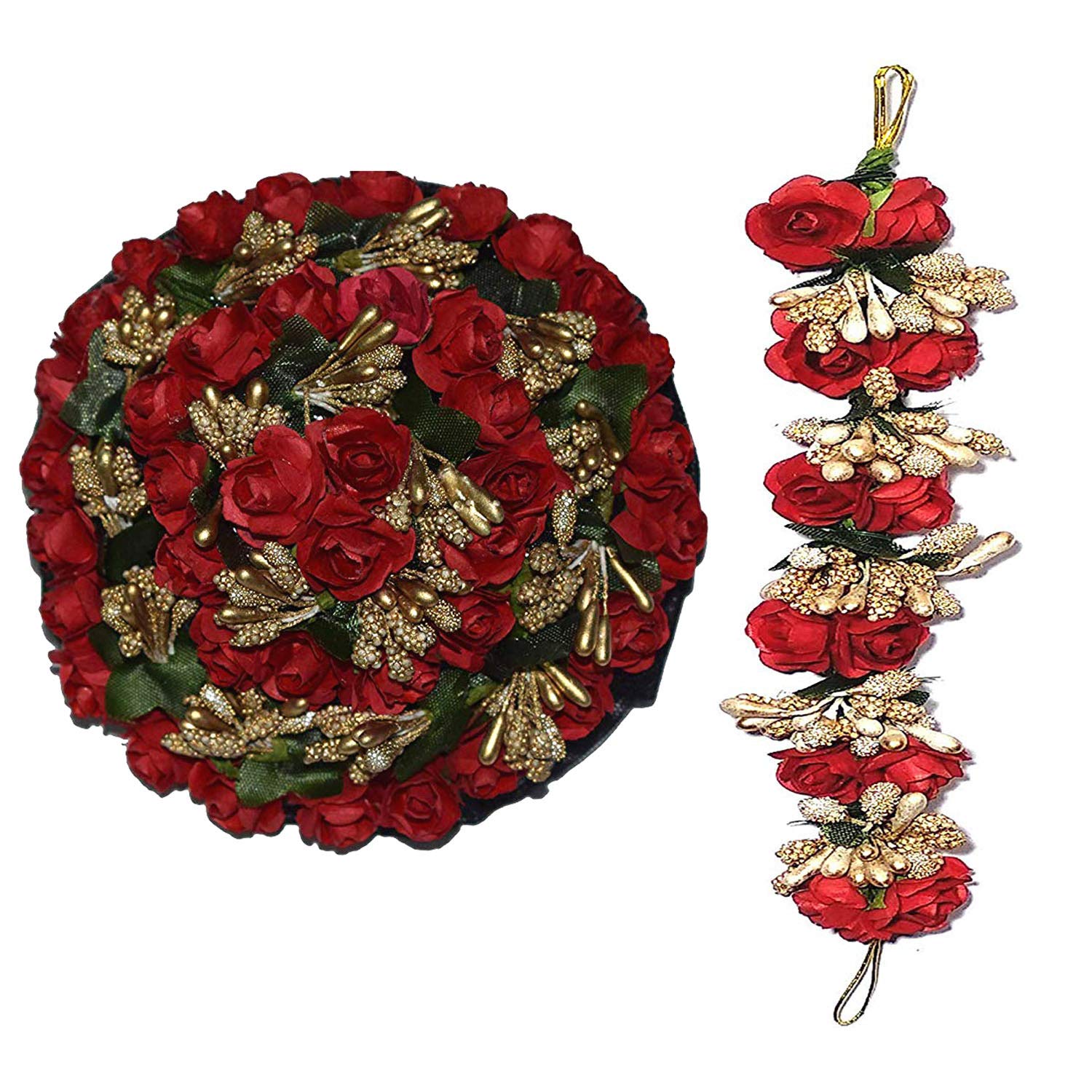GuruEmbellish Full Red Juda Bun Hair Flower Gajra & Red Gajra Combo Set - Perfect for Indian Weddings, Bridal Parties, Festivals & Special Occasions