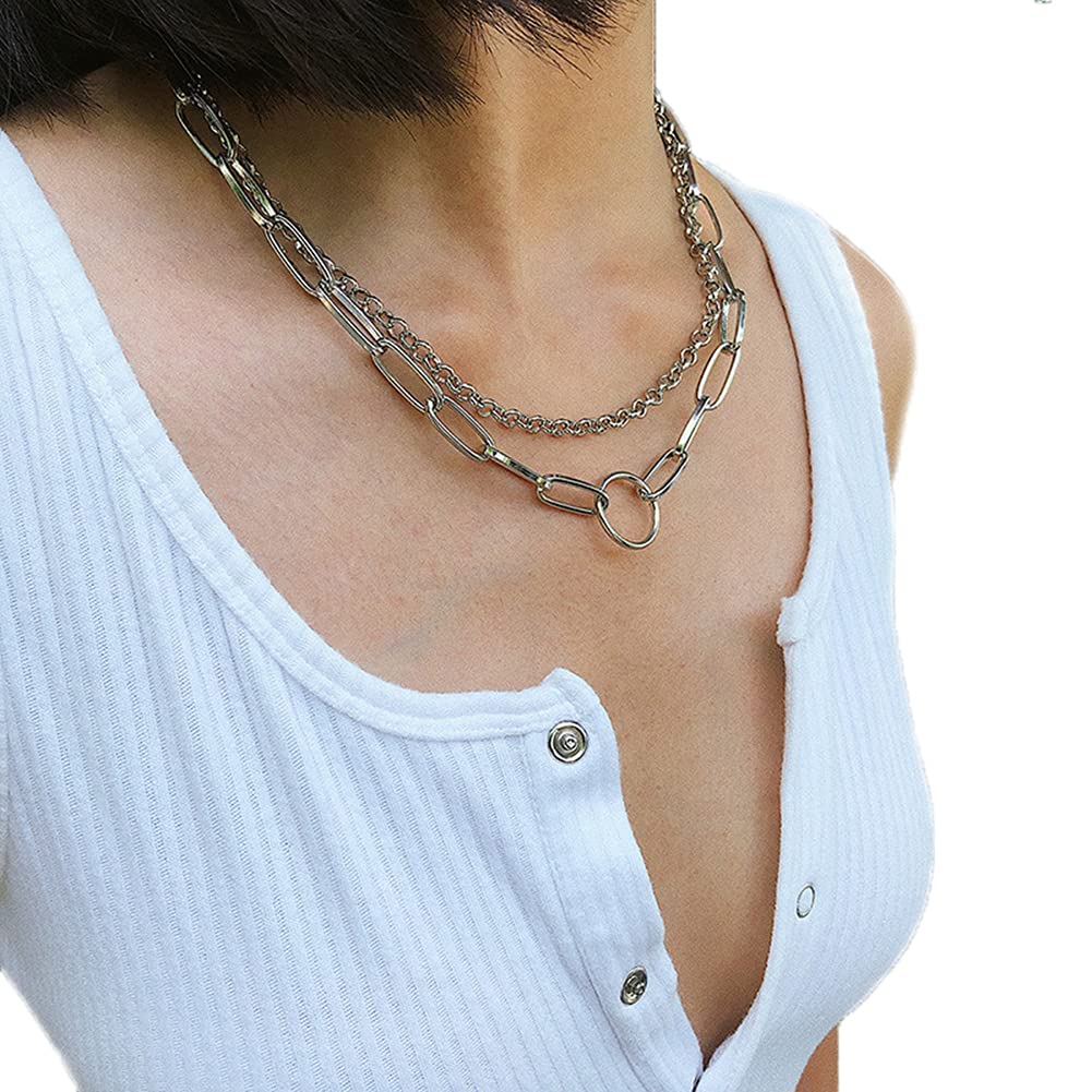 Elegant Paperclip Chain Necklace for Women & Men - Silver Circle Pendant Layered Necklace for Teens & Girls | Perfect for Everyday Wear, Office Style & Gift Giving