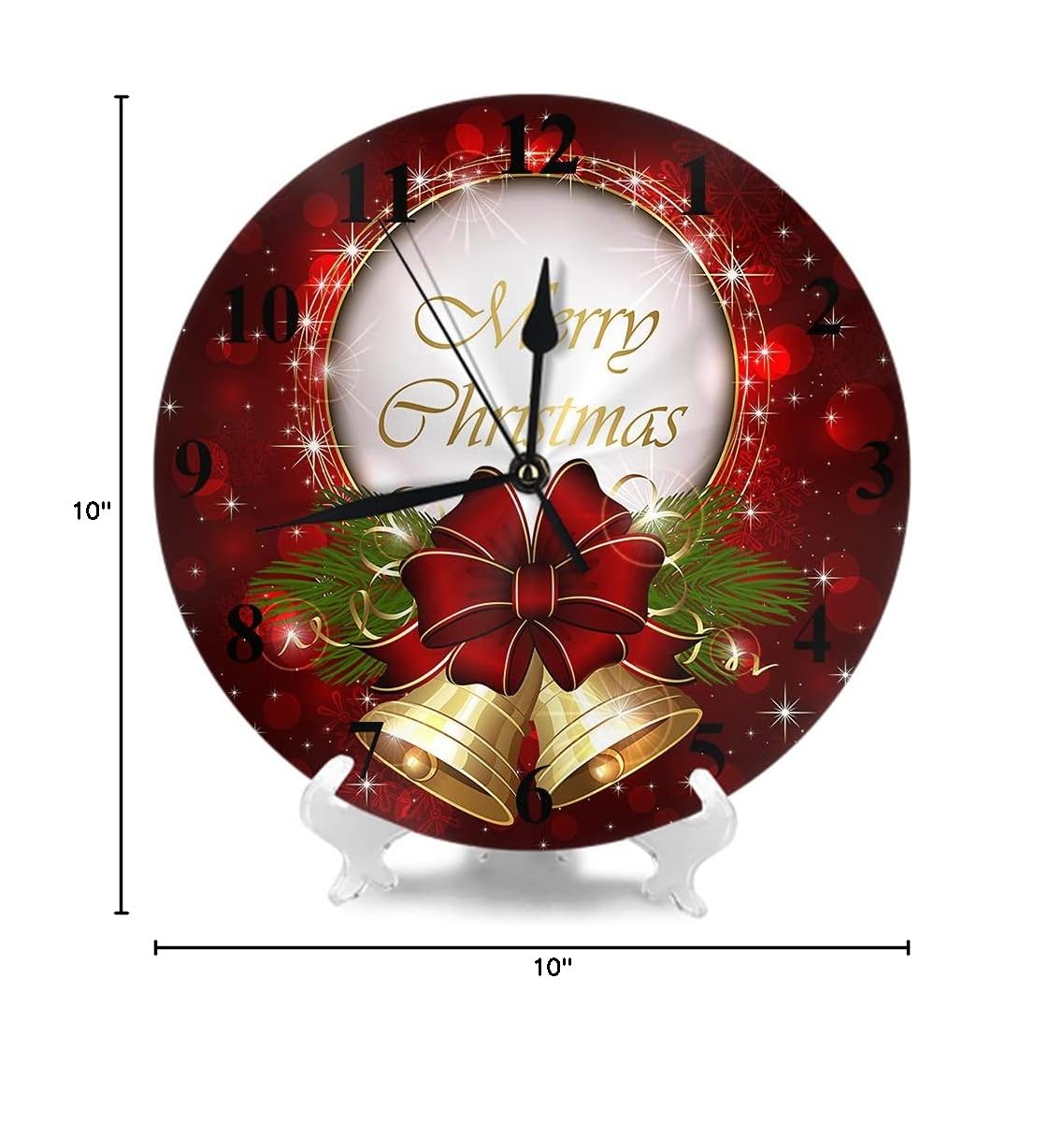 WONDERTIFY 10 Inch Silent Non-Ticking Christmas Wall Clock with Bells, Bow & Snowflakes - Battery Operated Round Decorative Clock in Red, Gold & Green - Perfect for Holiday Home Decor, Living Room, Bedroom & Christmas Gift
