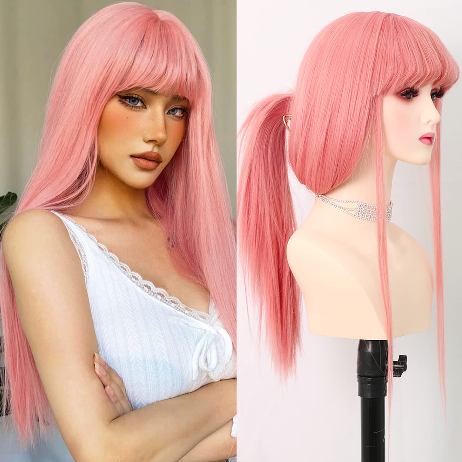 Zero Two Pink Cosplay Wig with Bangs - 24 Inch Light Straight Synthetic Heat Resistant Hair for Anime Costume, Halloween Party & Egirl Fashion (Perfect for White Women)