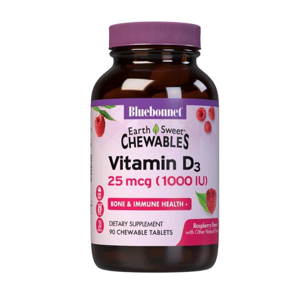 Bluebonnet Earthsweet Chewable Vitamin D3 1000 IU 90 Raspberry Flavored Tablets - Supports Bone & Immune Health - Great for Kids & Adults Daily Supplement
