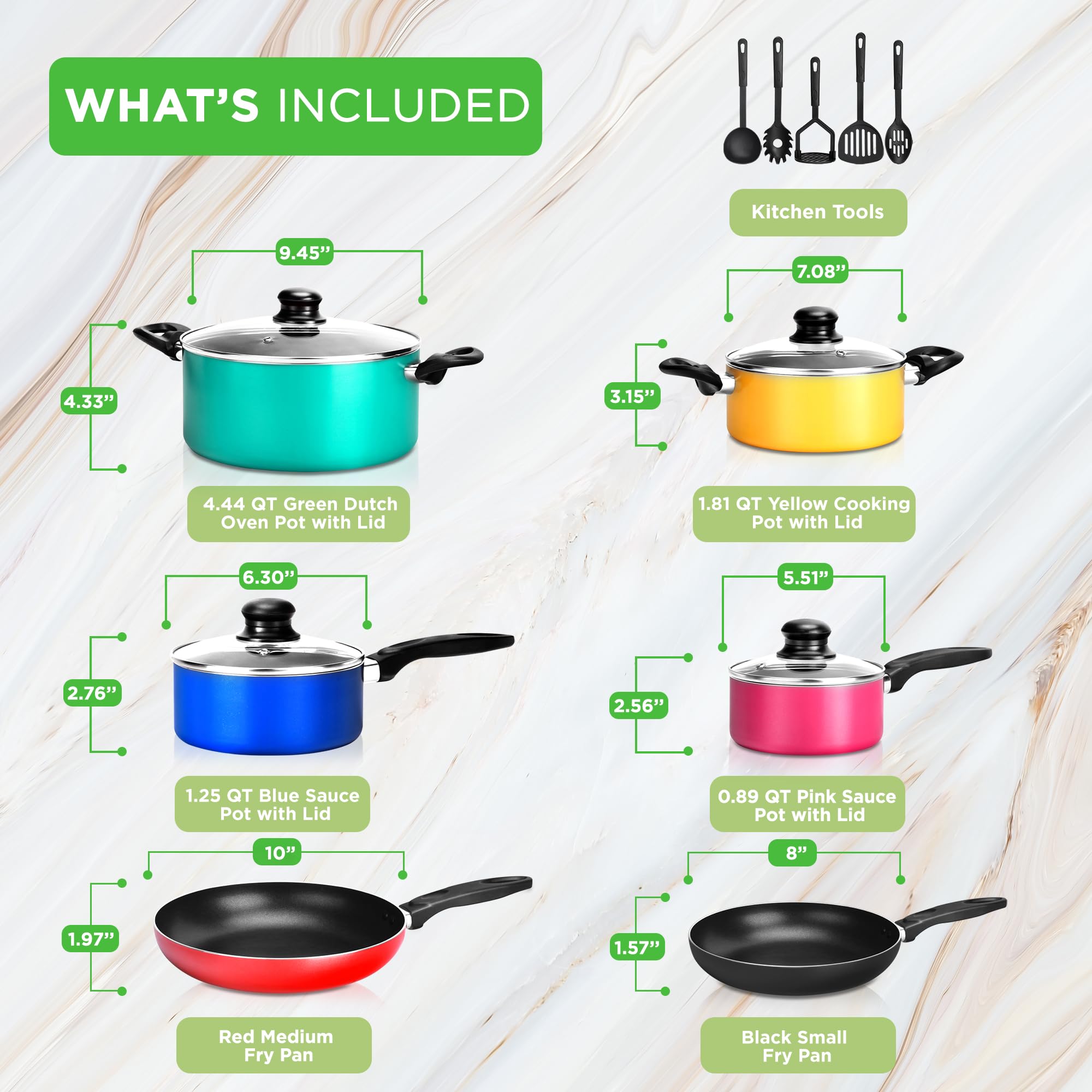 15-Piece Nonstick Kitchen Cookware Set - PTFE/PFOA/PFOS-Free, Colorful Heat Resistant Lacquer Pots & Pans with Saucepot, Frying Pans, Oven Pot & Lids - Includes 5 Cooking Utensils - Perfect for Home Cooking, Baking & Meal Prep - NCCWCOR15
