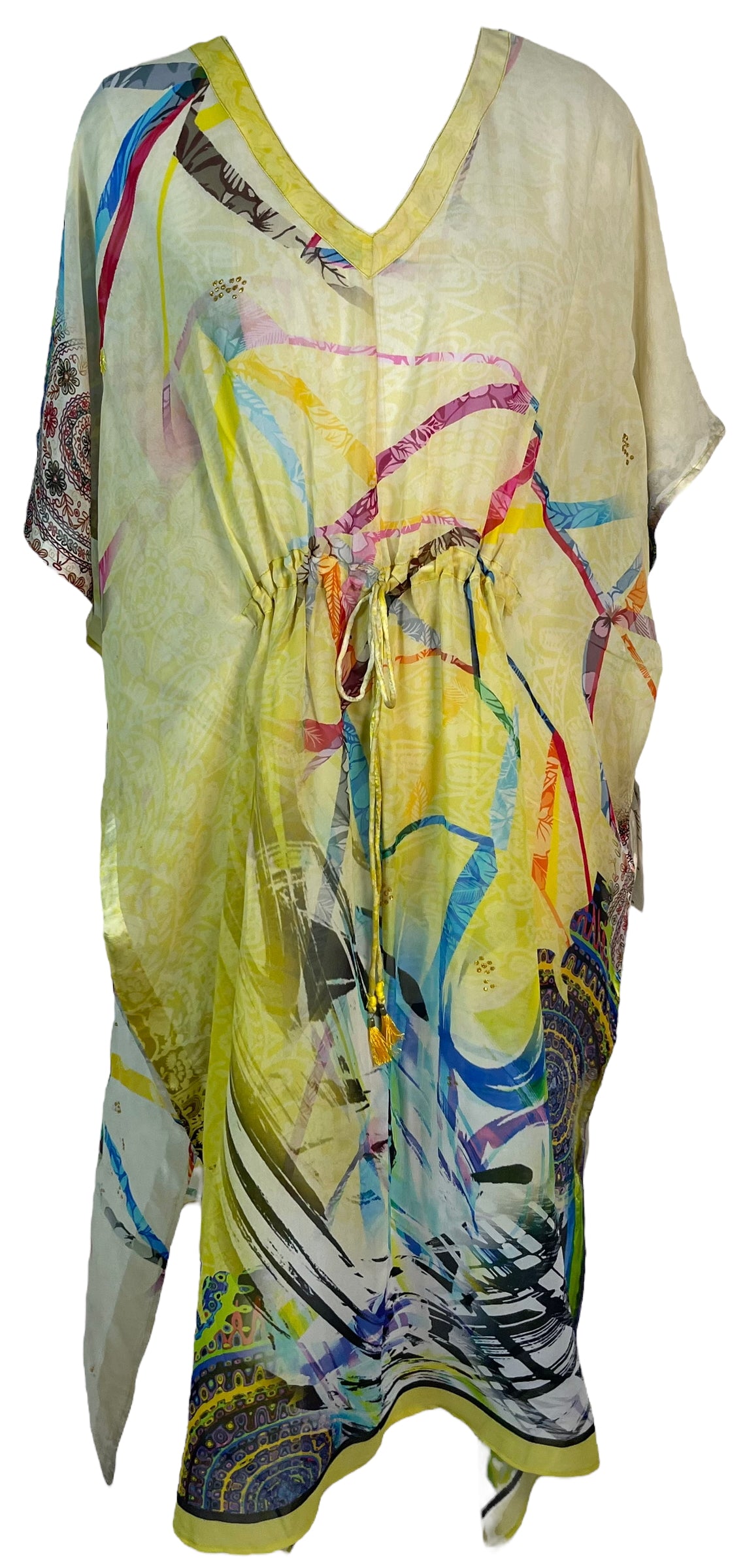 PRG6362 Sheer Avatar Pure Silk Maxi Kaftan Dress for Women - Elegant Long Sleeve Boho Beach Cover Up for Summer Vacation & Resort Wear