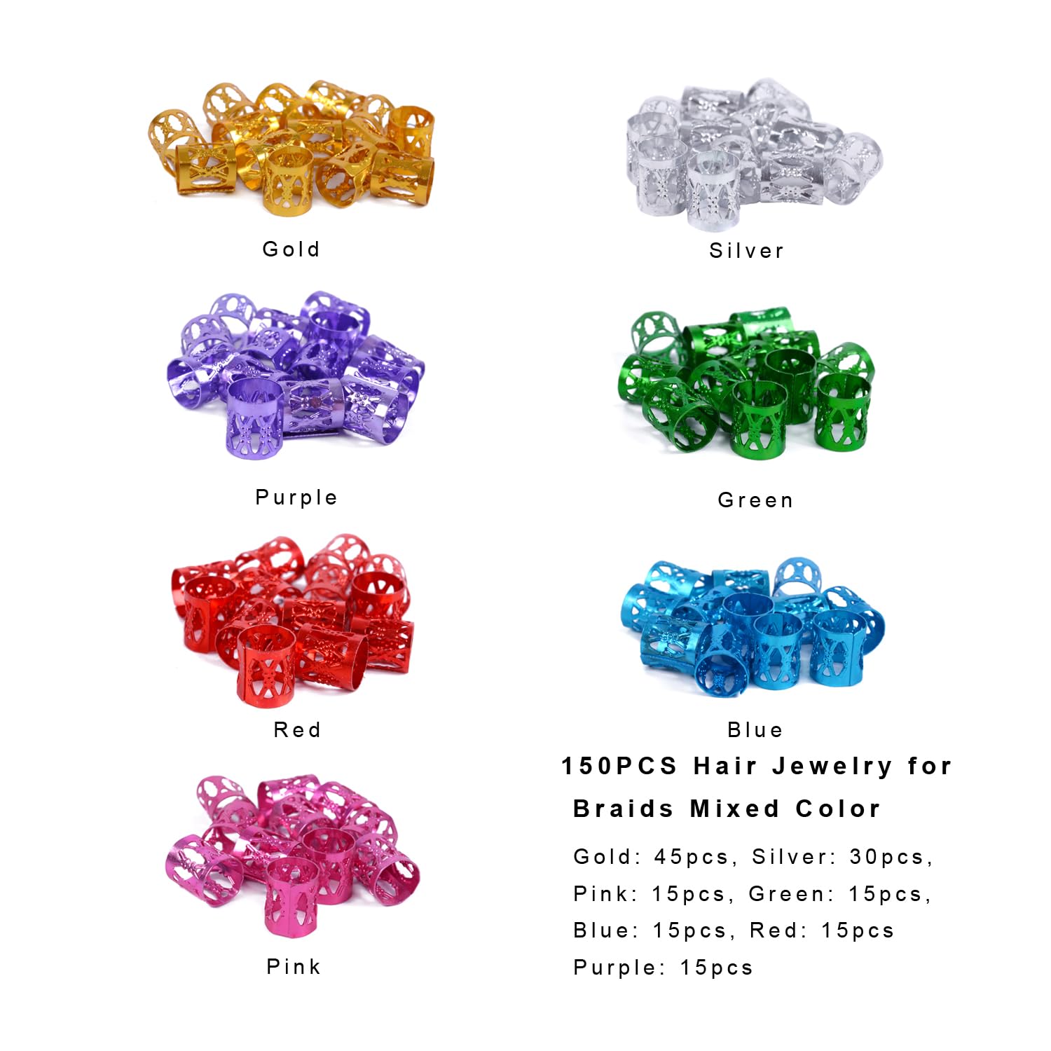 150 Pcs Aluminum Hair Beads & Rings for Braids & Dreadlocks - Adjustable Metal Hair Cuffs & Clips - Hair Jewelry Accessories for Women & Girls - Perfect for Parties, Weddings & Everyday Styling